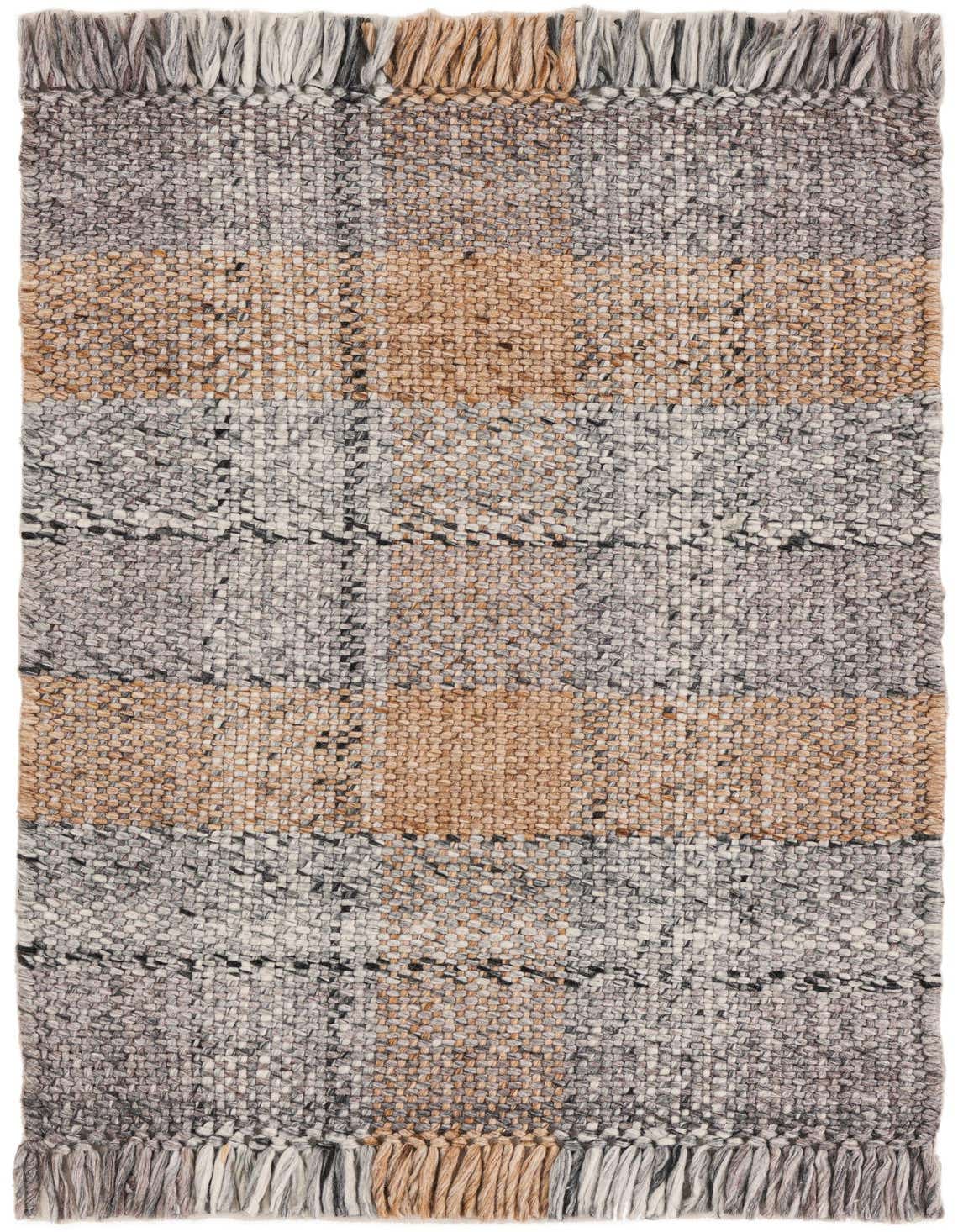 A 2x3 rectangular Eco Plaid rug featuring a modern stripe pattern in brown and gray tones with fringe.