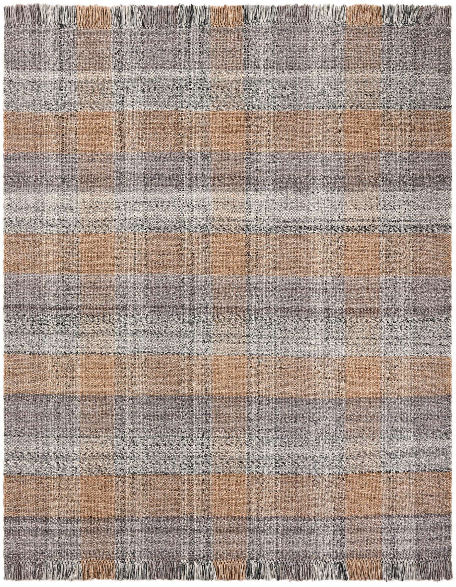 A square Eco Plaid rug in browns, tans, and grays, featuring a modern plaid pattern with fringed edges, suitable for indoor or outdoor use.