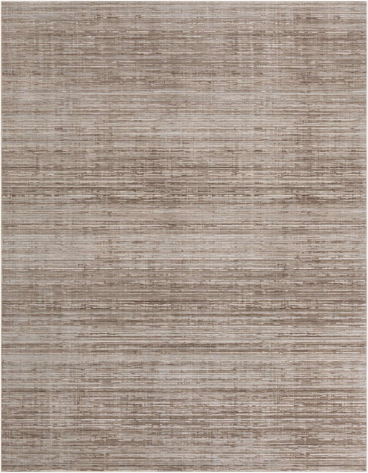 A rectangular 8x10 indoor area rug with a textured, striped pattern in varying shades of brown, tan, and white.