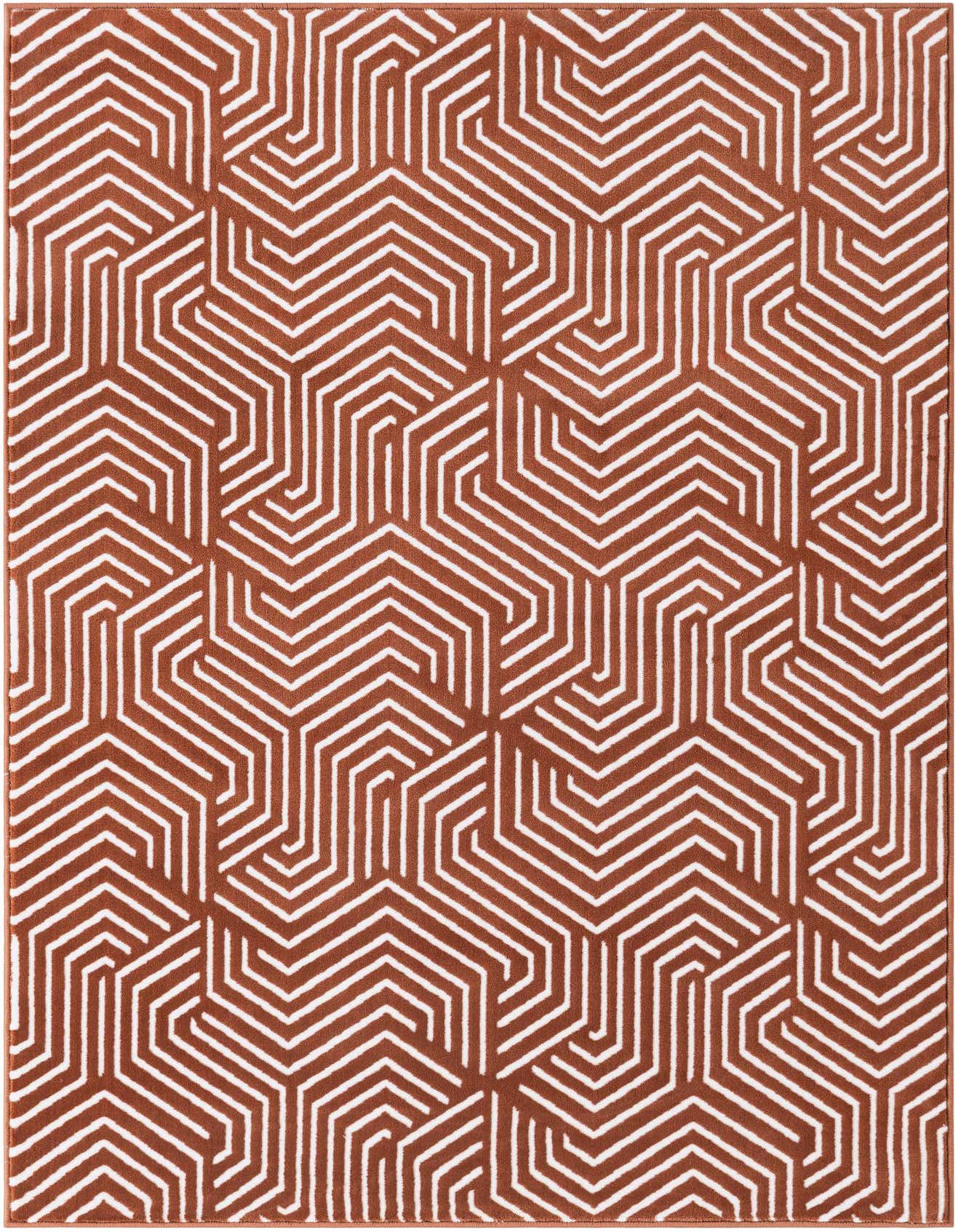 A 4x6 rectangular indoor rug with a repeating geometric pattern of white lines on a rust-pink background.