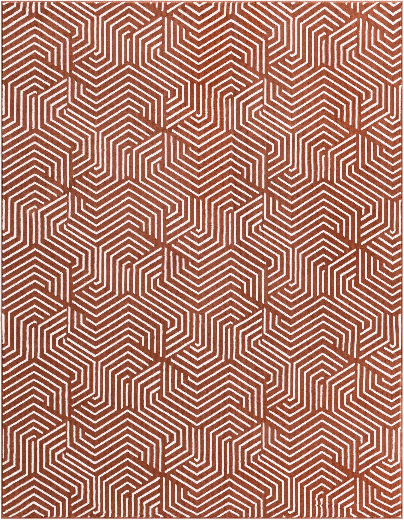 A 5x8 rectangular indoor rug featuring a repeating geometric pattern of white lines on a rich pink background.