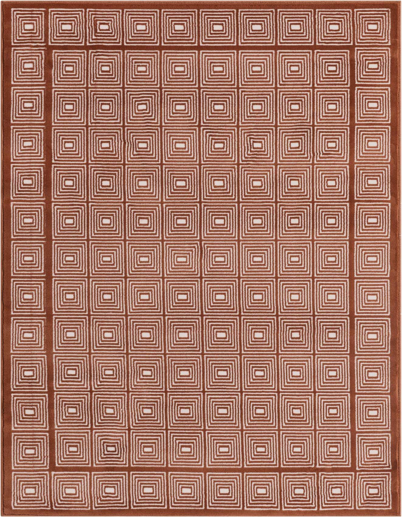 A 4x6 rectangular pink rug with a repeating geometric pattern of concentric squares, perfect for a living room.