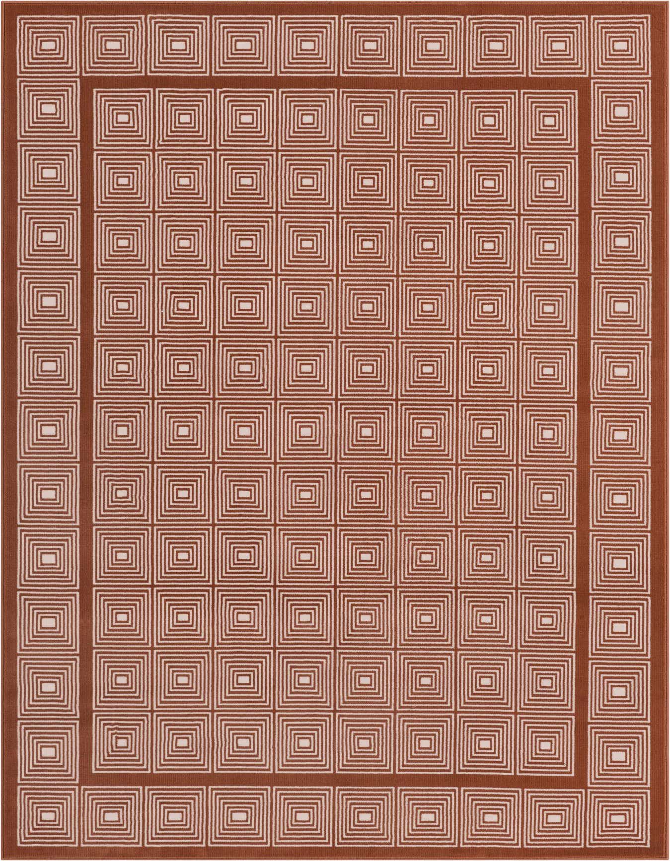 A 5x8 rectangular indoor rug in shades of pink, featuring a geometric pattern of concentric squares.