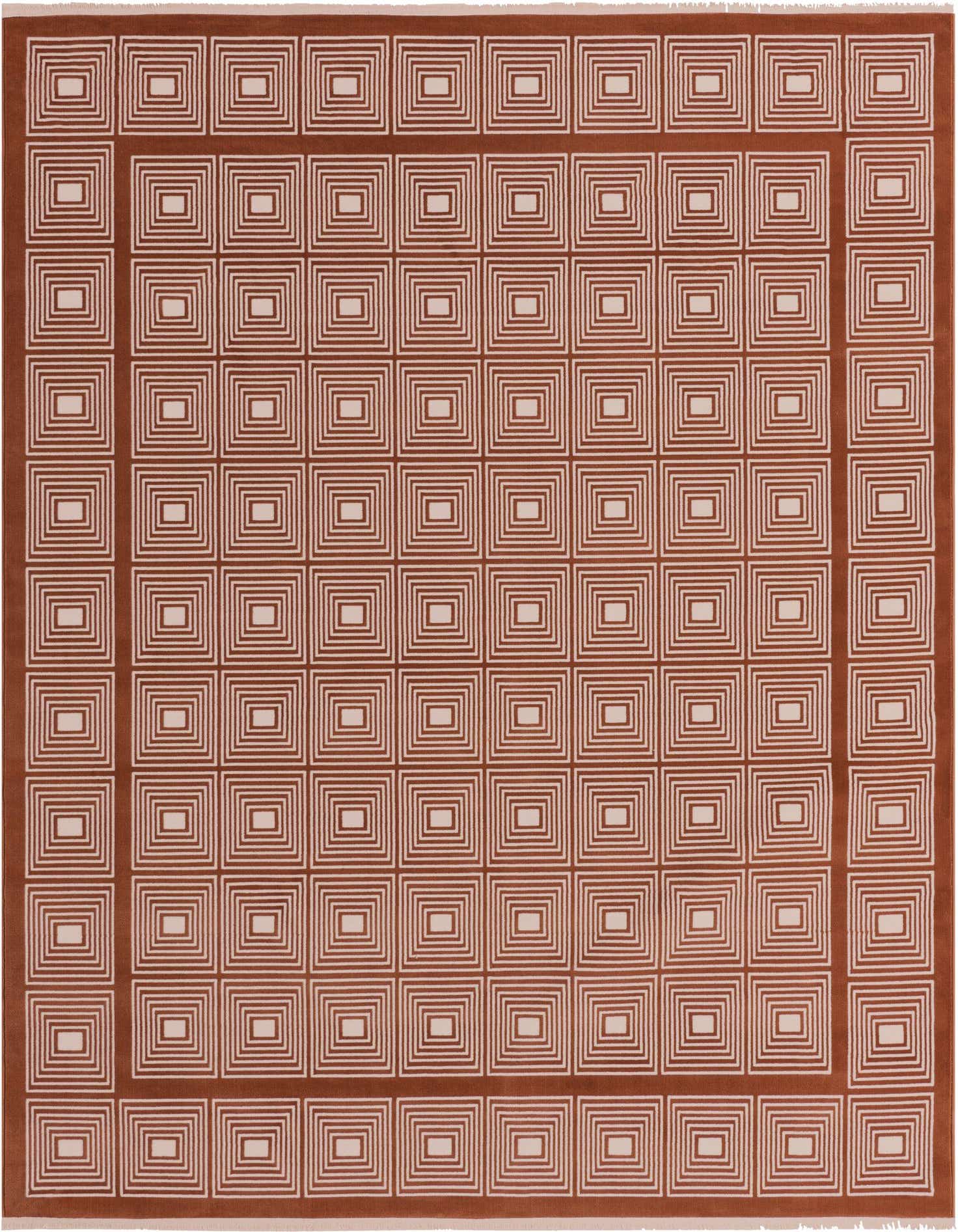 A rectangular 8x10 pink area rug with a repeating geometric pattern of concentric squares, framed by a solid border.