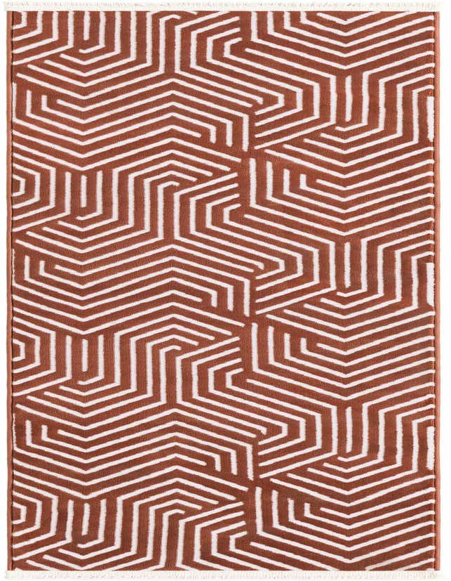A 6 ft runner rug with a repeating geometric pattern of white lines on a terracotta pink background, featuring short white fringe.