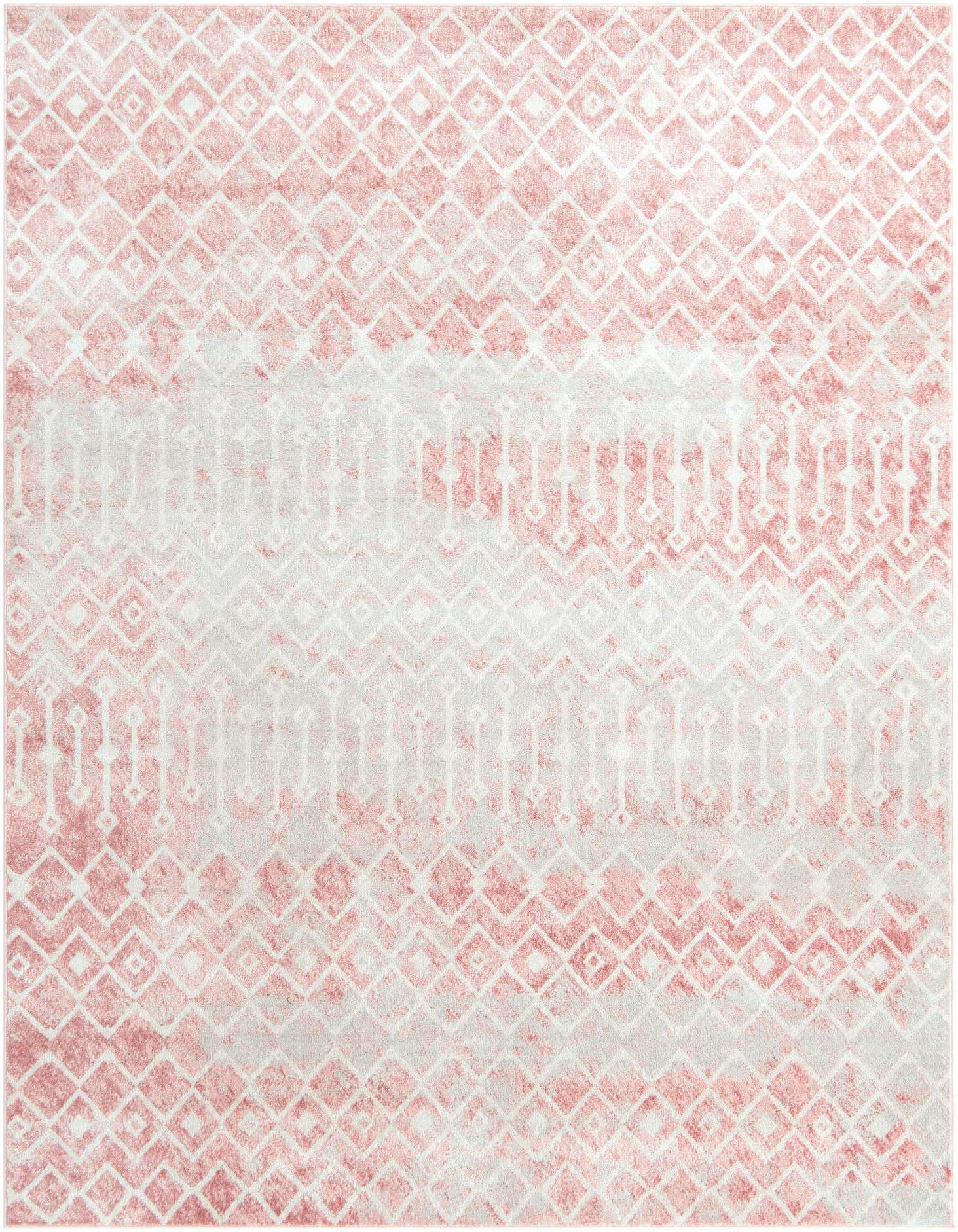 A rectangular 8x11 pink and white area rug with a distressed bohemian trellis pattern, suitable for a living room.