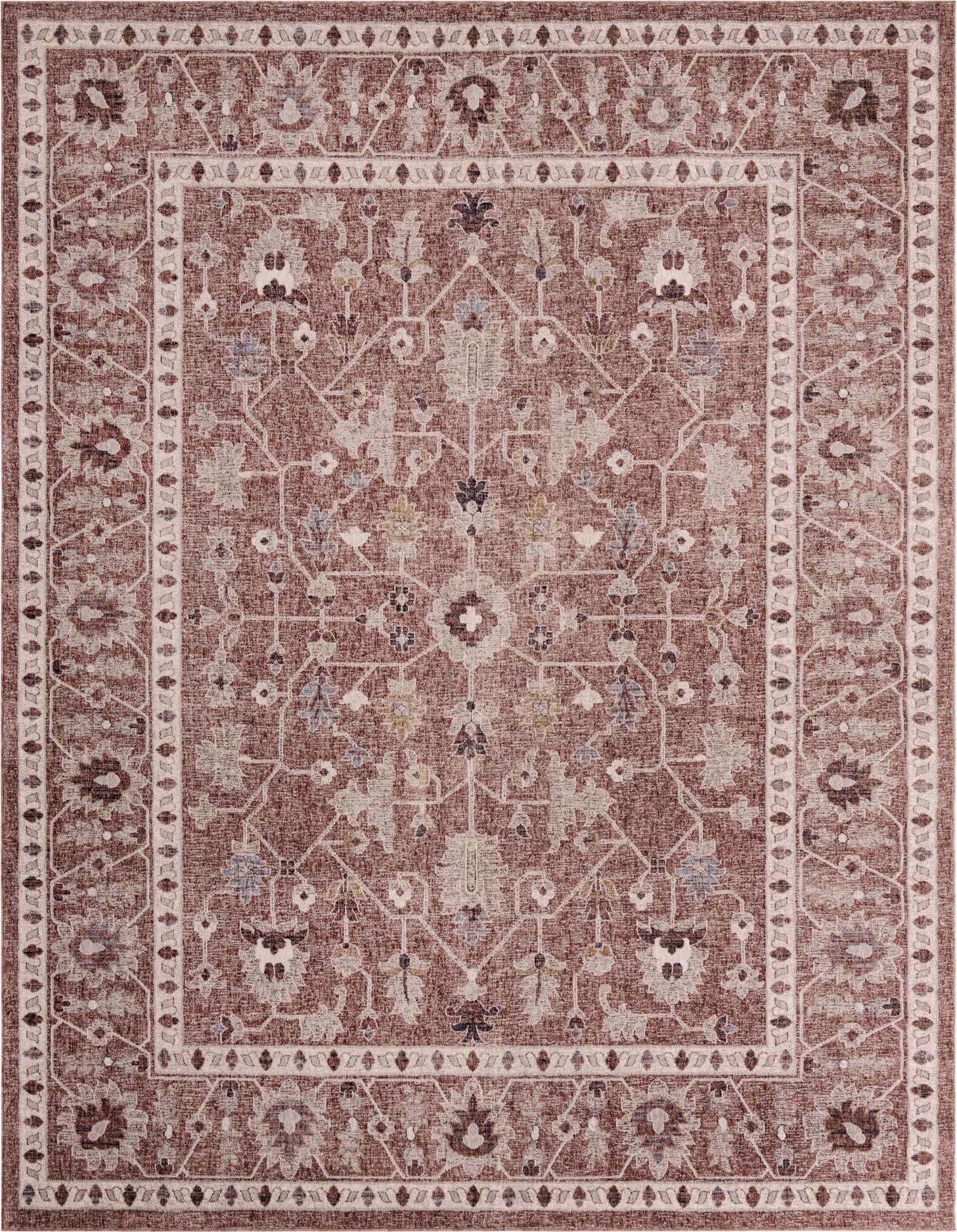 A 10x13 rectangular Eco Traditional rug in shades of pink, featuring an intricate floral and trellis pattern with a distinct border.