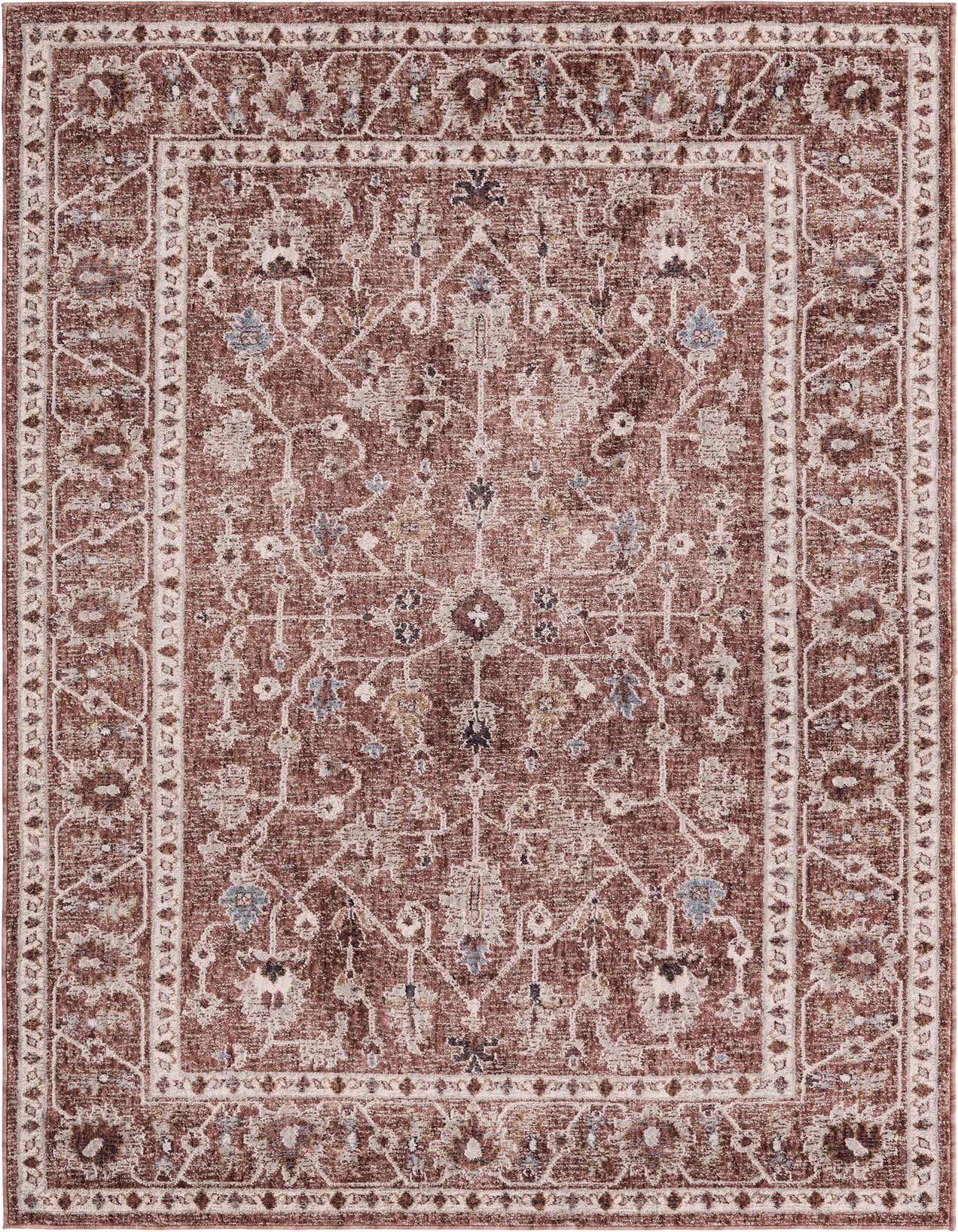 A 5x8 rectangular Eco Traditional rug by Rugs.com in pink, featuring an ornate, distressed Oriental pattern with a decorative border.