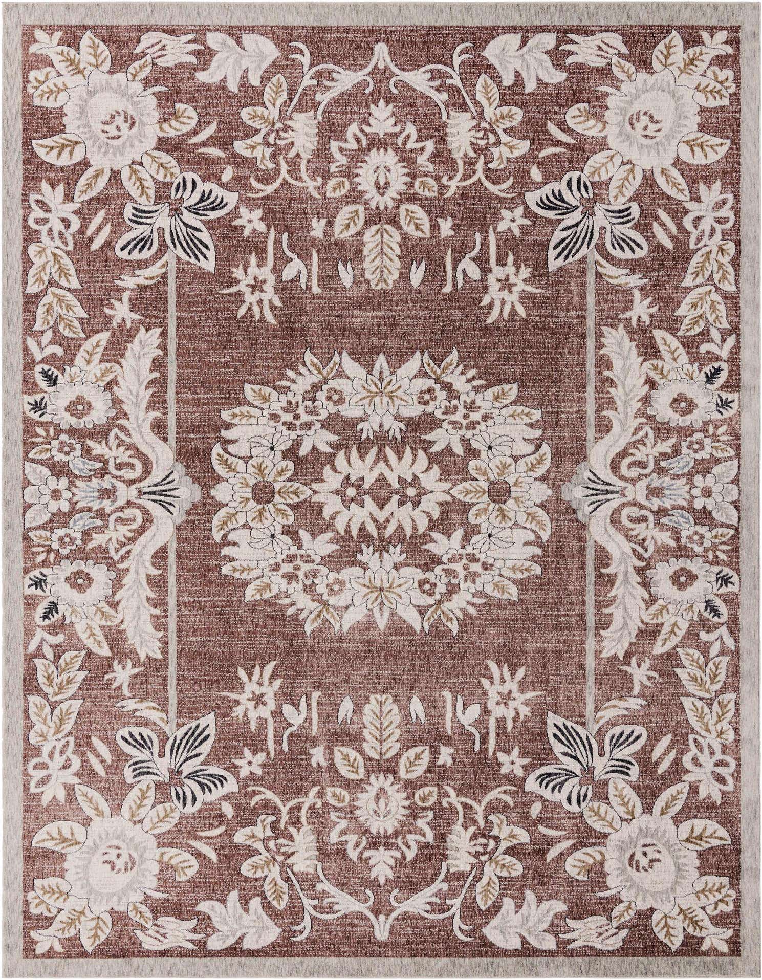 A 10x13 rectangular Eco Traditional rug in pink, featuring a distressed floral medallion pattern and light border.