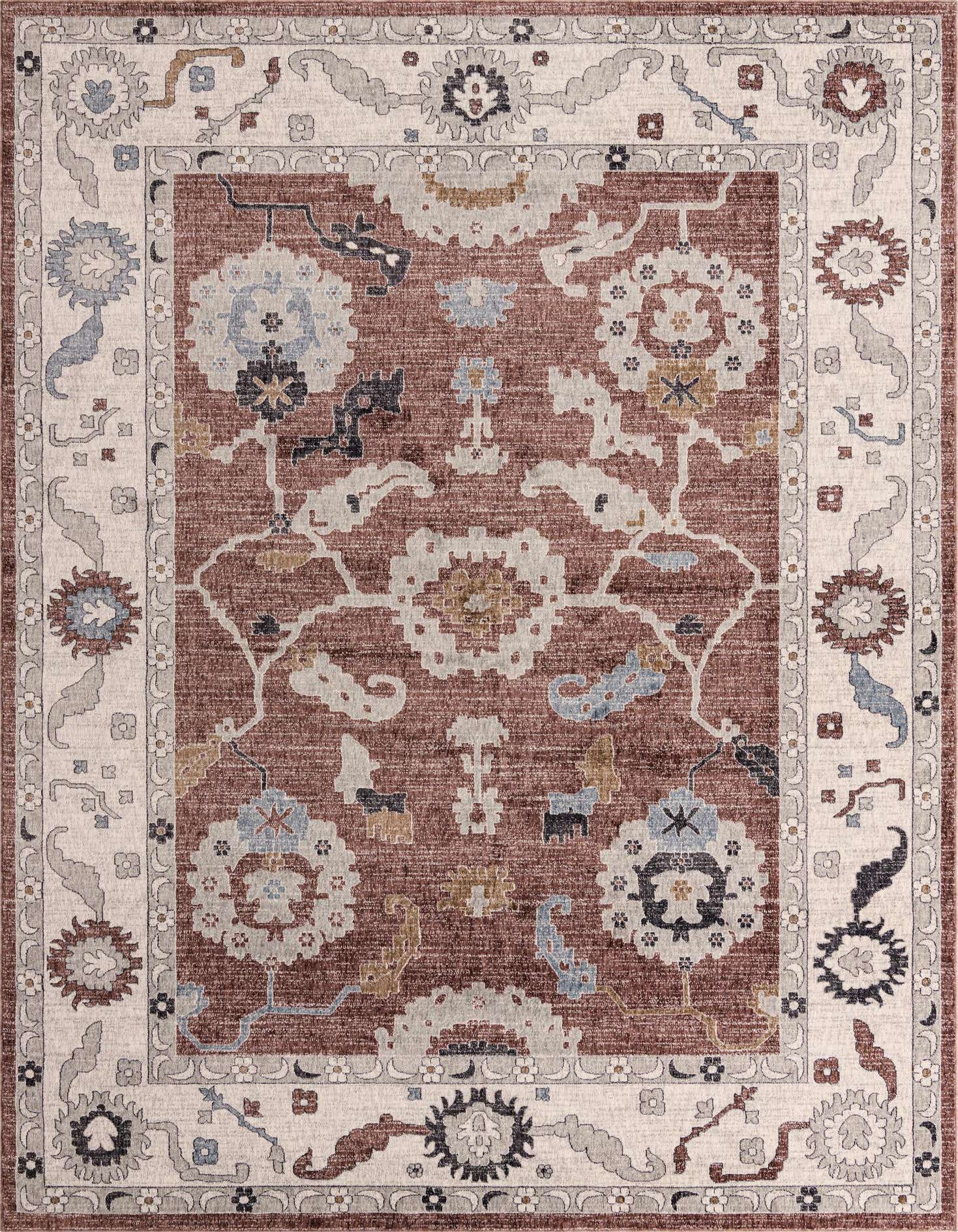 A 10x13 rectangular Eco Traditional rug featuring a pink field with intricate floral and medallion patterns in cream, grey, and light blue, framed by a cream border.