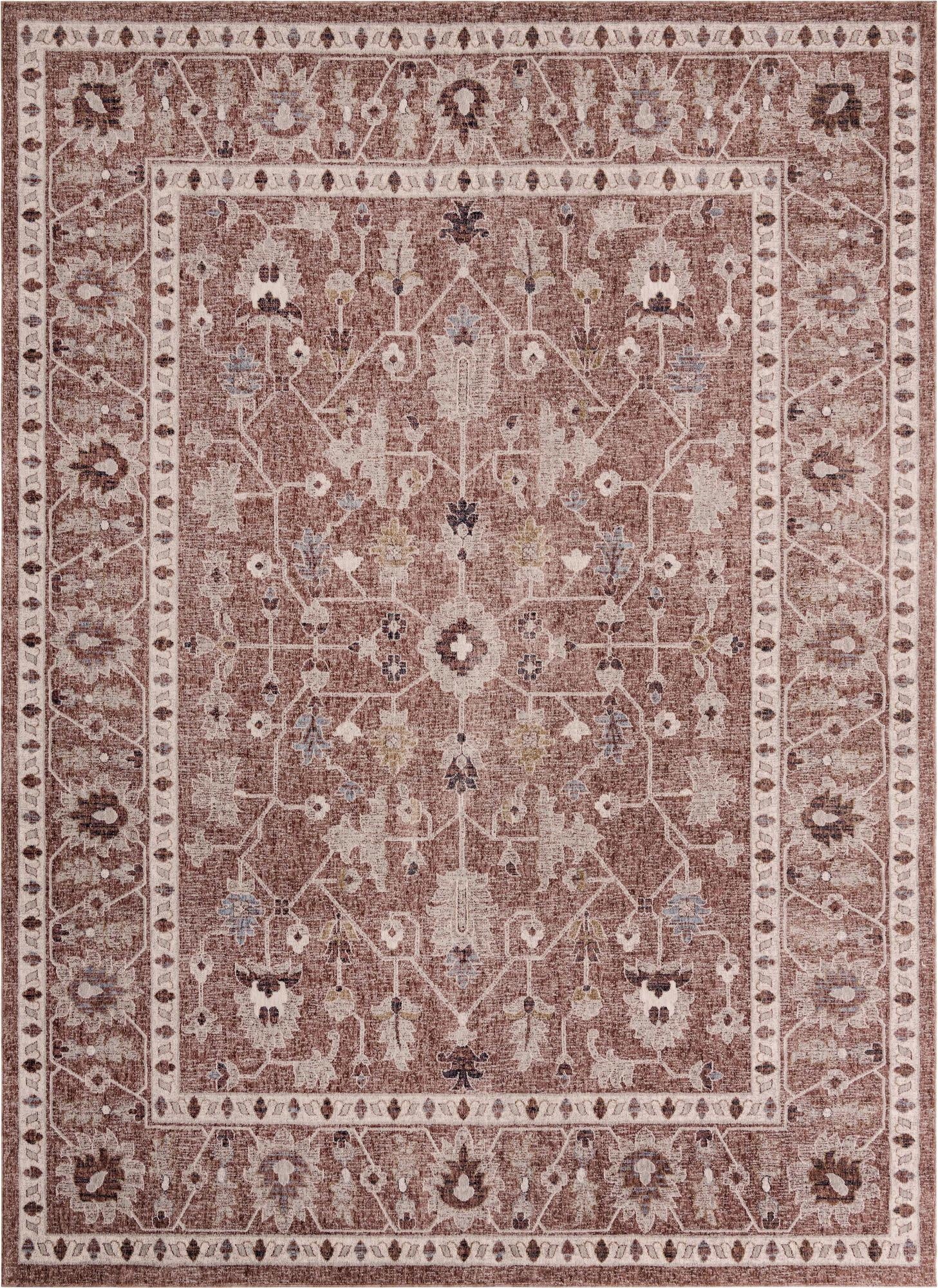 A 10x13 rectangular Eco Traditional rug in shades of pink, featuring an intricate floral and trellis pattern with a distinct border.