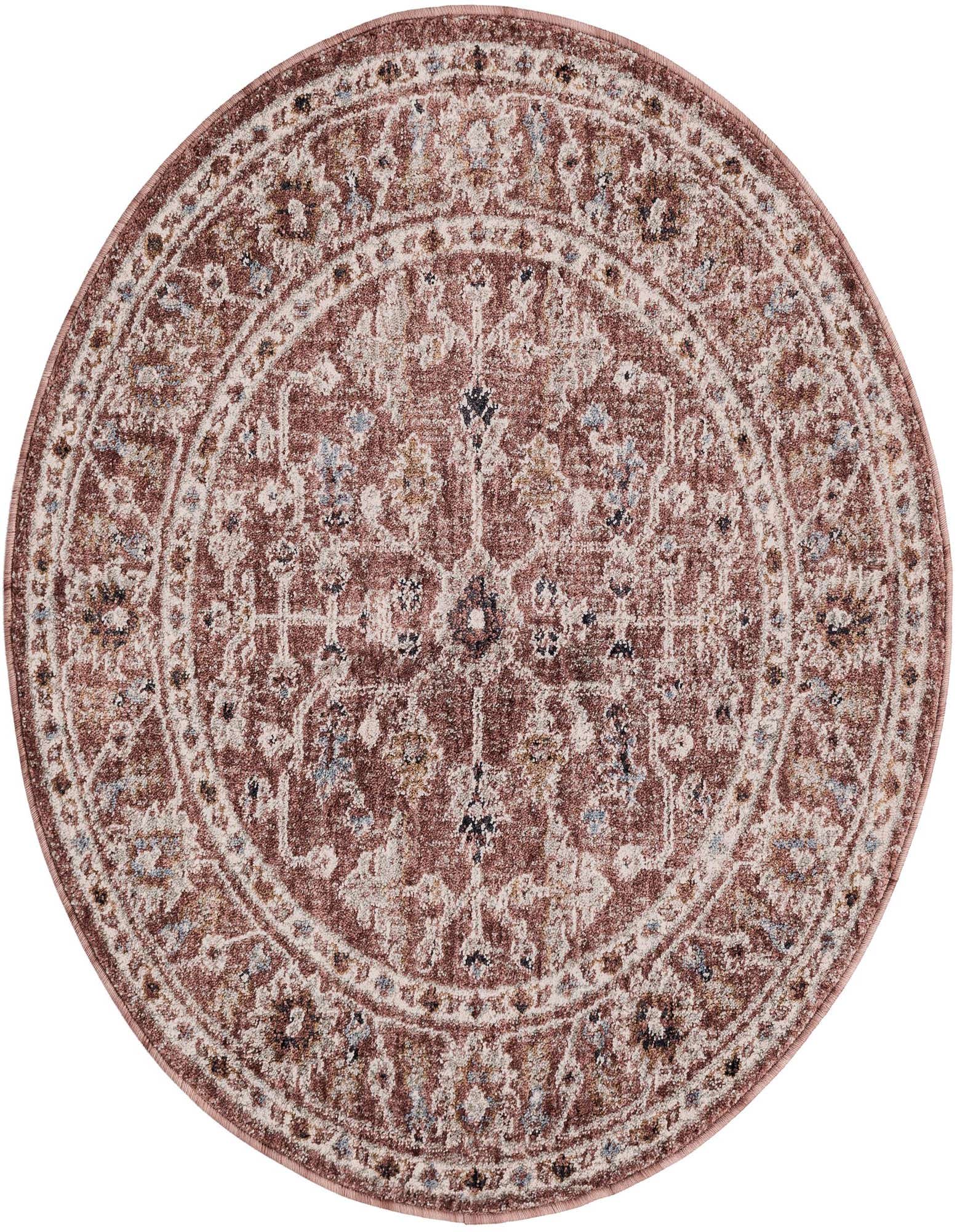 A 3' 3 round Eco Traditional rug in shades of pink, featuring an ornate medallion and border pattern.