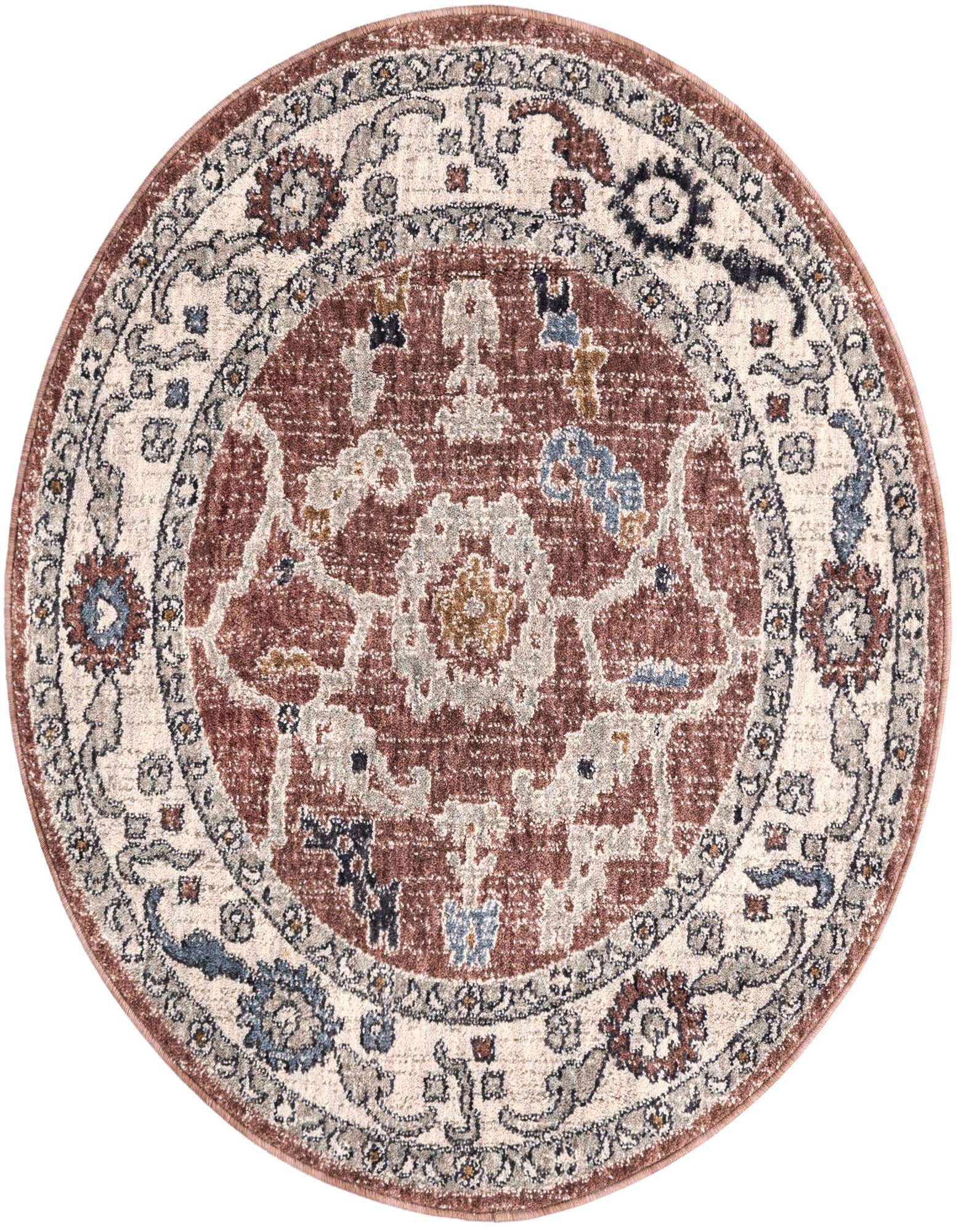 A 3' 3 x 3' 3 round Eco Traditional rug featuring a pink, cream, and blue floral medallion pattern.