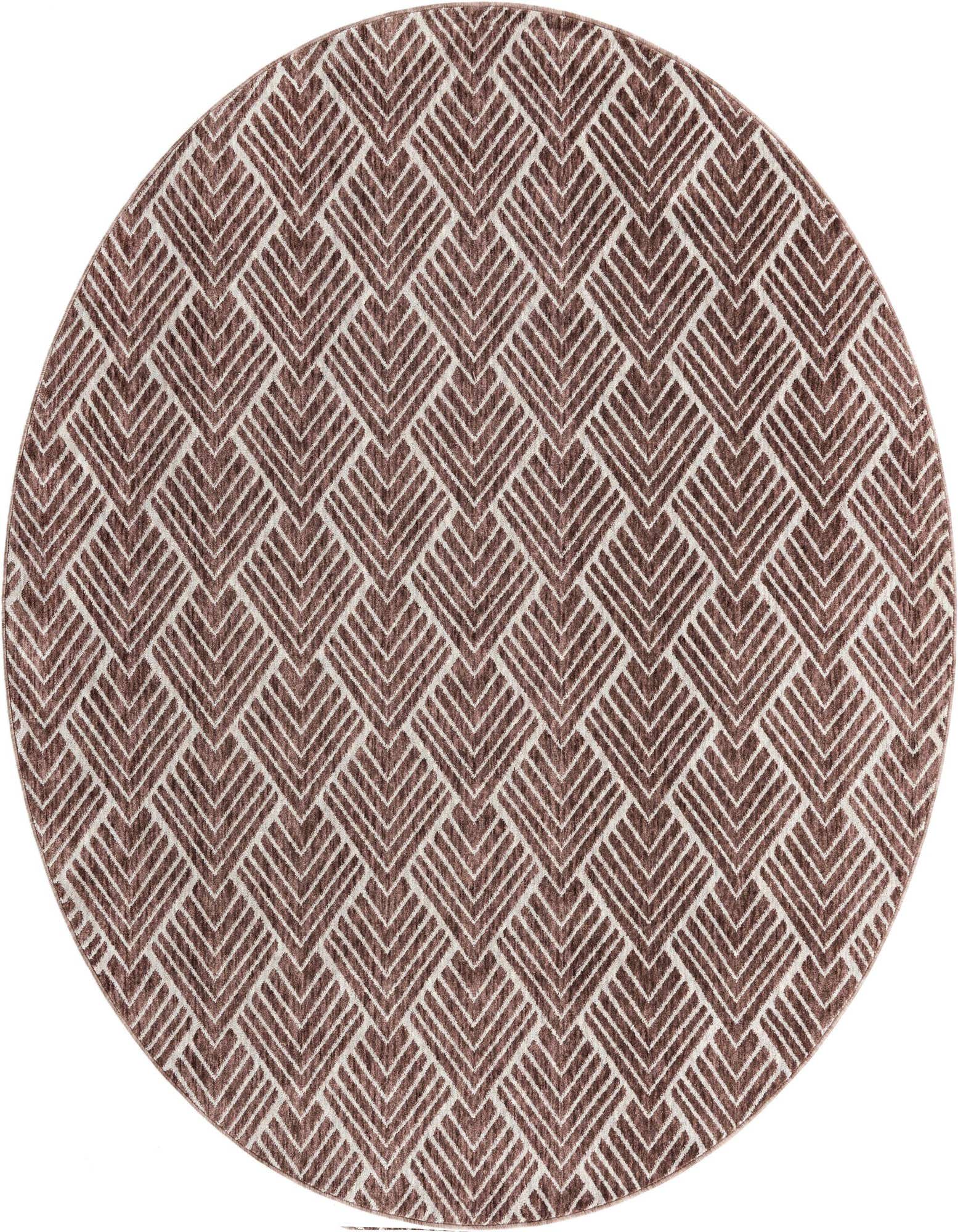 A 7' round pink rug with a modern trellis pattern made of recycled polyester, featuring a medium pile.