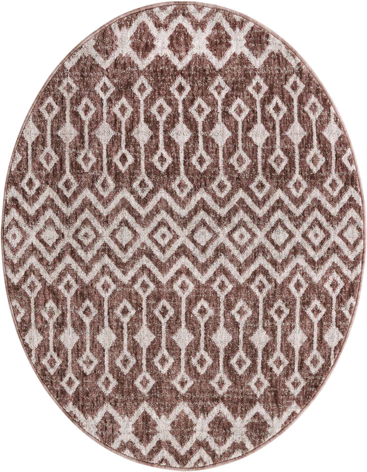 A 3' 3 x 3' 3 round pink rug with a modern trellis pattern, made from recycled polyester.