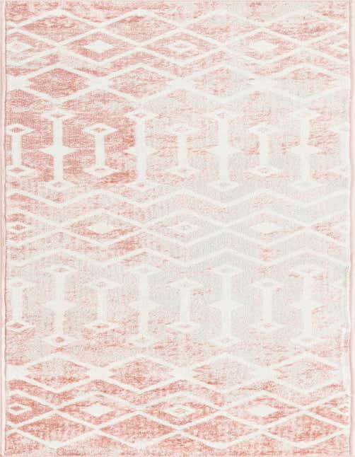 A long 8 ft runner rug featuring a faded pink and white bohemian trellis pattern, ideal for a hallway or kitchen.
