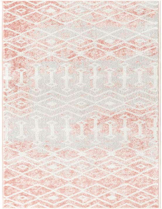 A 10 ft runner rug in pinks and white, featuring a distressed bohemian trellis and tribal pattern, ideal for a hallway.