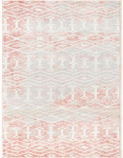 A 13 ft runner rug featuring a distressed pink and off-white tribal trellis pattern, ideal for a hallway.