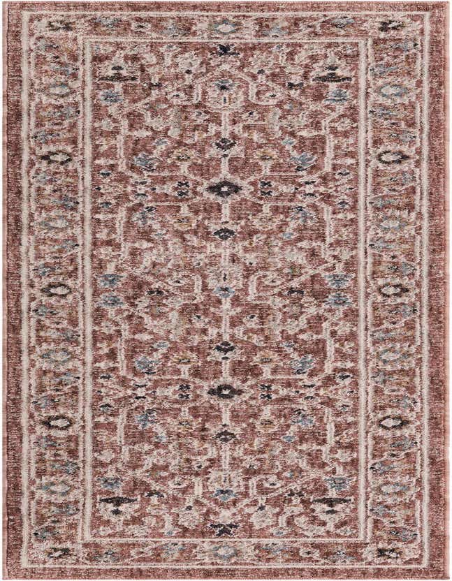 A 6 ft runner rug with a distressed traditional pattern in shades of pink, cream, and hints of blue, ideal for a hallway or kitchen.