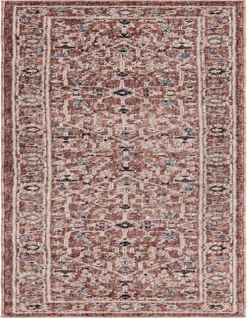 8 ft runner rug from Rugs.com Eco Traditional collection, featuring a distressed pink, cream, and blue traditional pattern, ideal for a hallway or kitchen.
