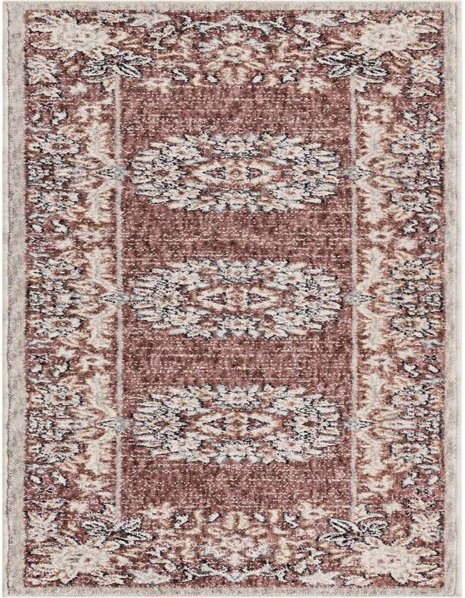 A 6 ft runner rug featuring a distressed traditional medallion pattern in shades of pink, cream, and subtle blue, perfect for a hallway or kitchen.