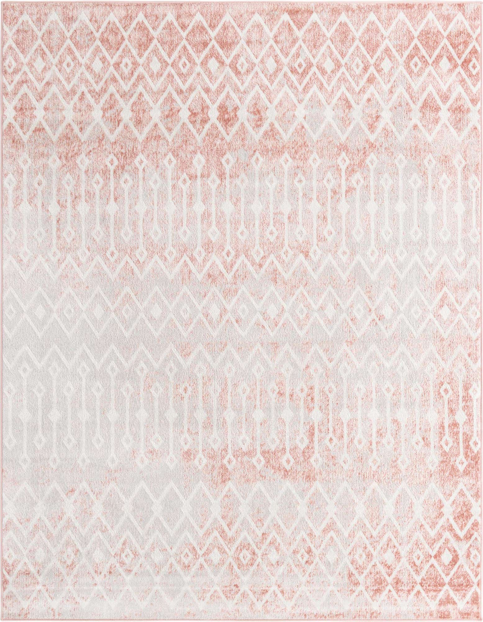 A 6x6 square pink and white Bohemian Trellis rug with a faded tribal pattern, suitable for indoor spaces.