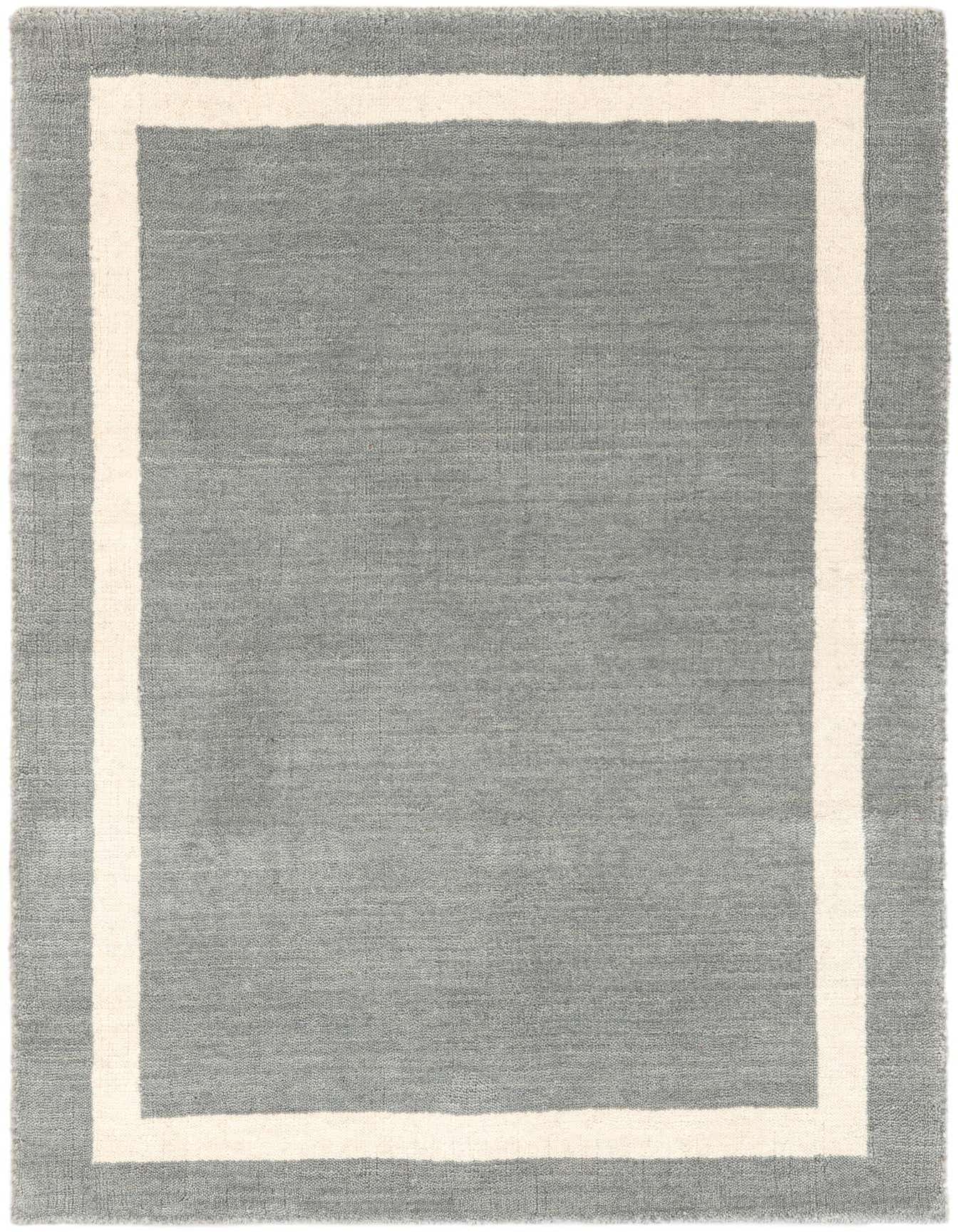 A 2x3 rectangular gray wool rug with a cream border, suitable for an entryway or kitchen.