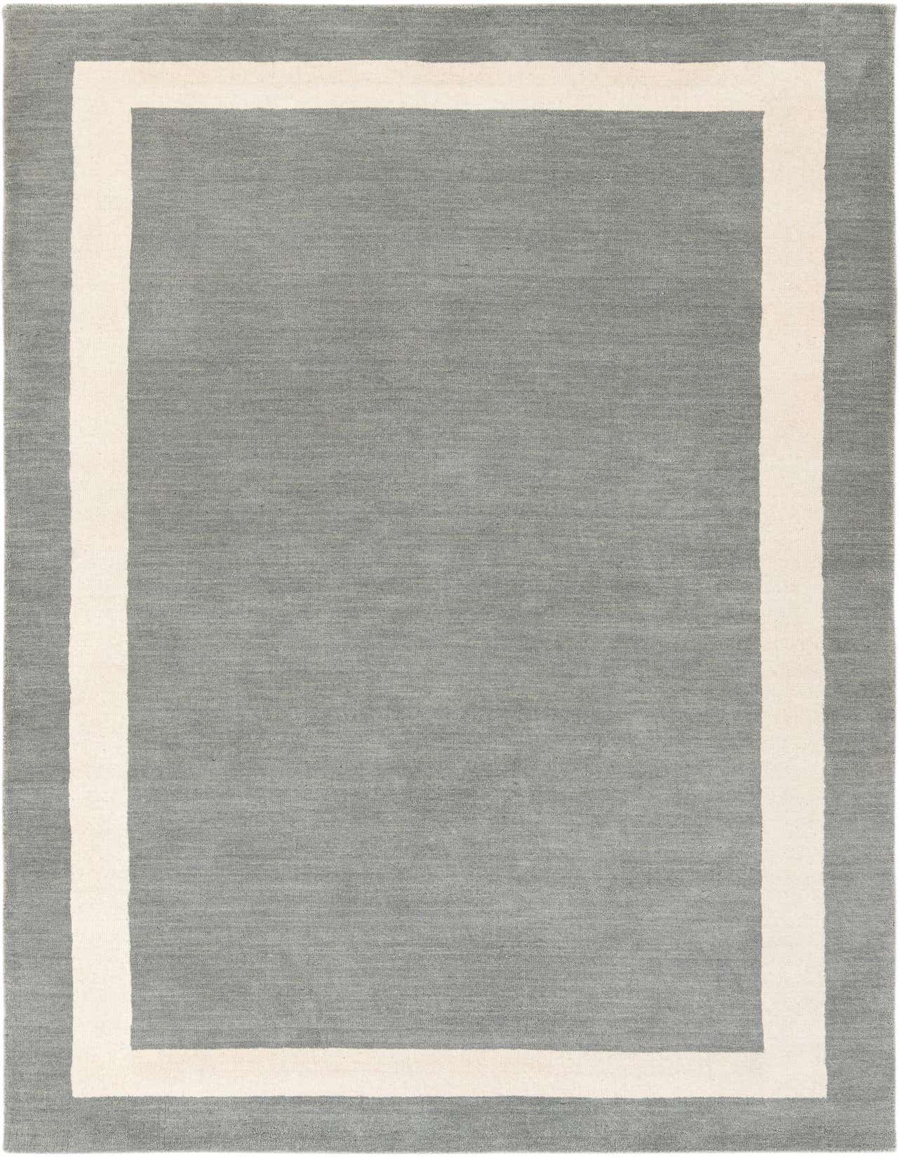 A 5x8 rectangular gray modern area rug with a thick off-white border, suitable for a living room.