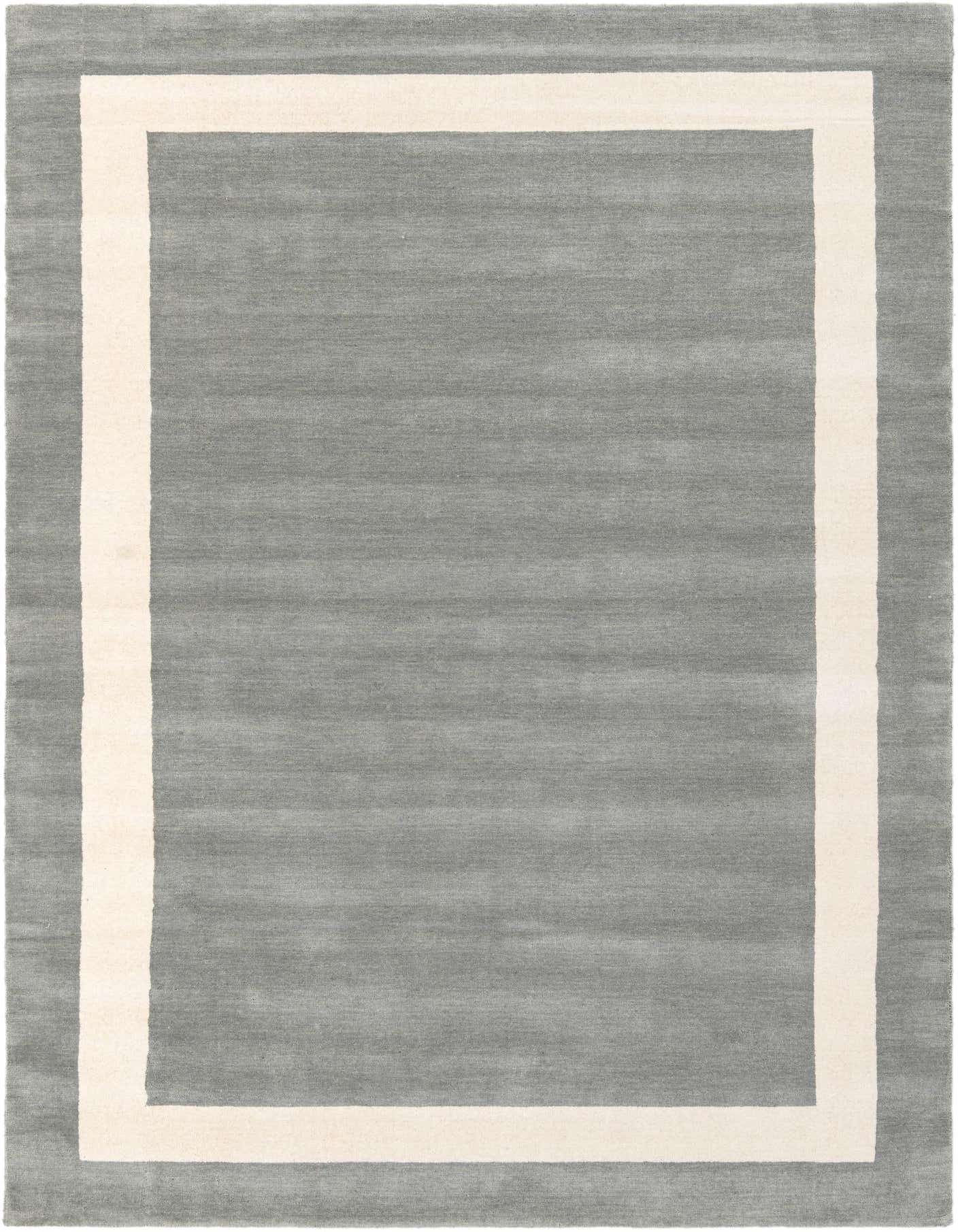 A 6x9 rectangular gray modern area rug with a contrasting light cream border, suitable for a living room.