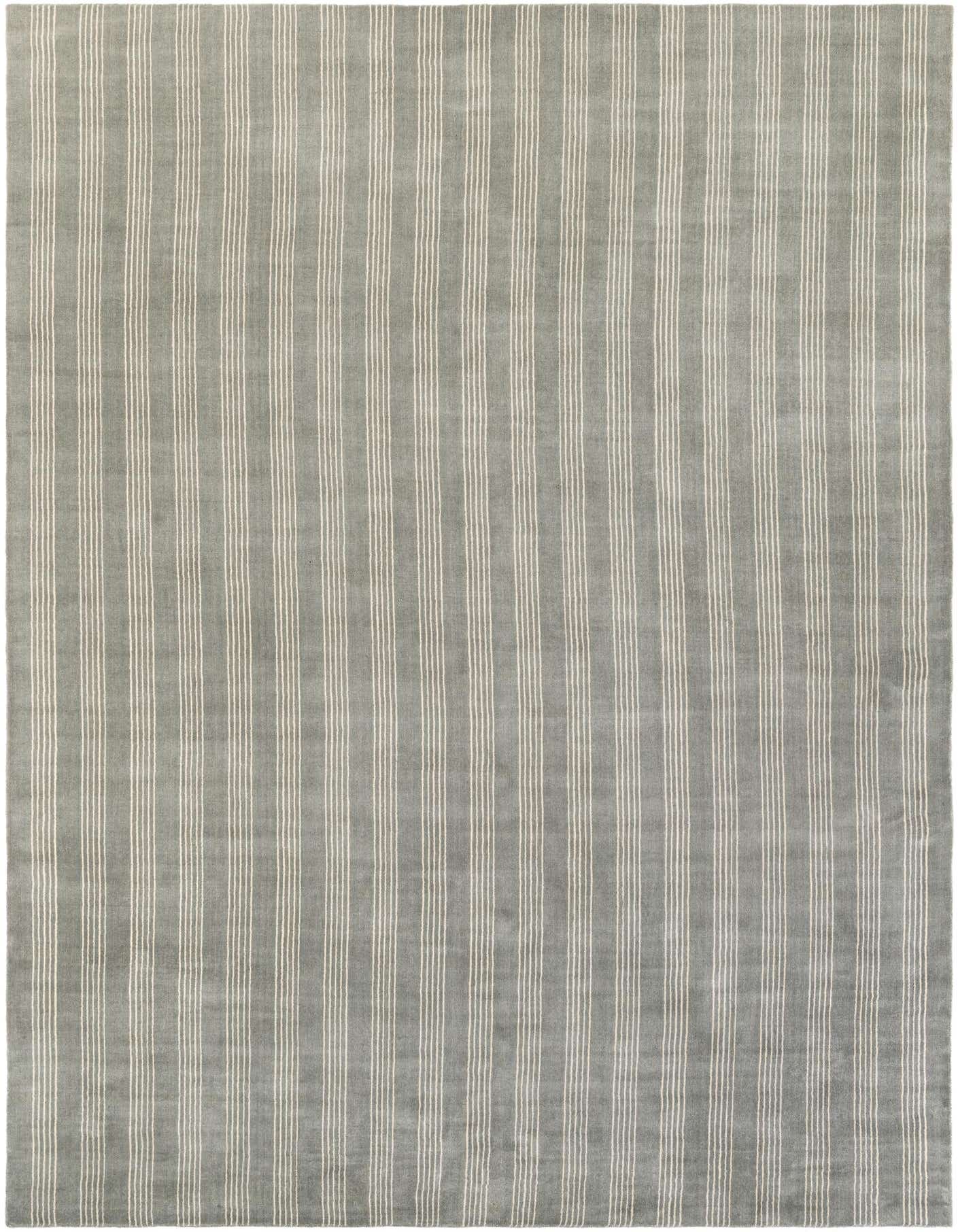 A 10x14 rectangular gray modern area rug with subtle vertical white stripes, suitable for a living room.