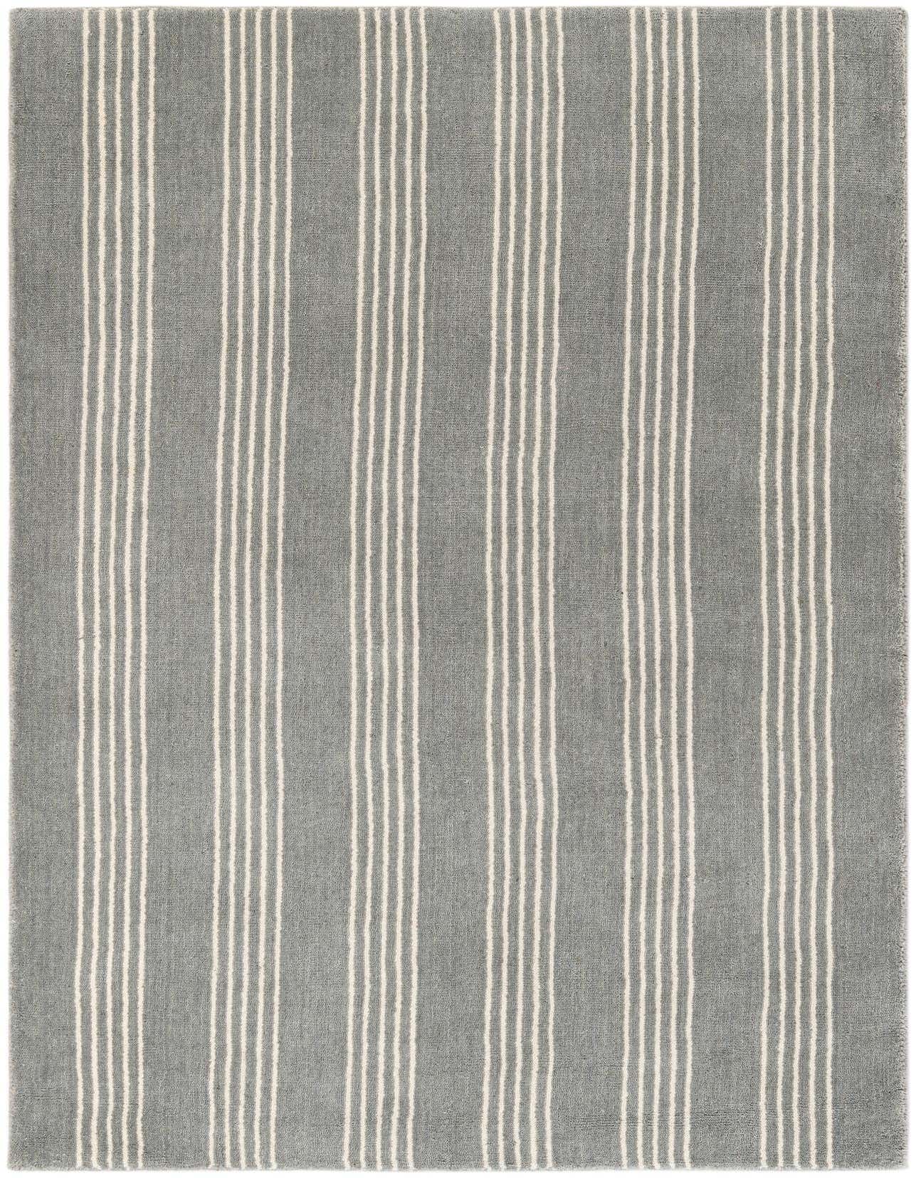 A 3x5 rectangular gray area rug with vertical cream stripes, suitable for an entryway or kitchen.