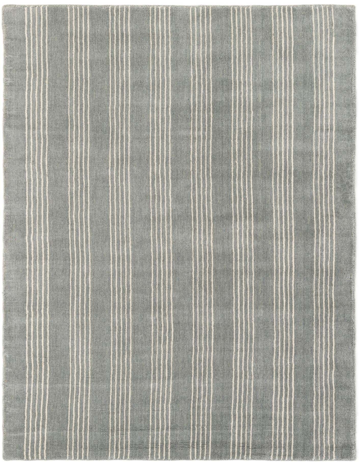 A 4x6 rectangular gray wool rug with thin vertical cream stripes, suitable for a modern living room.