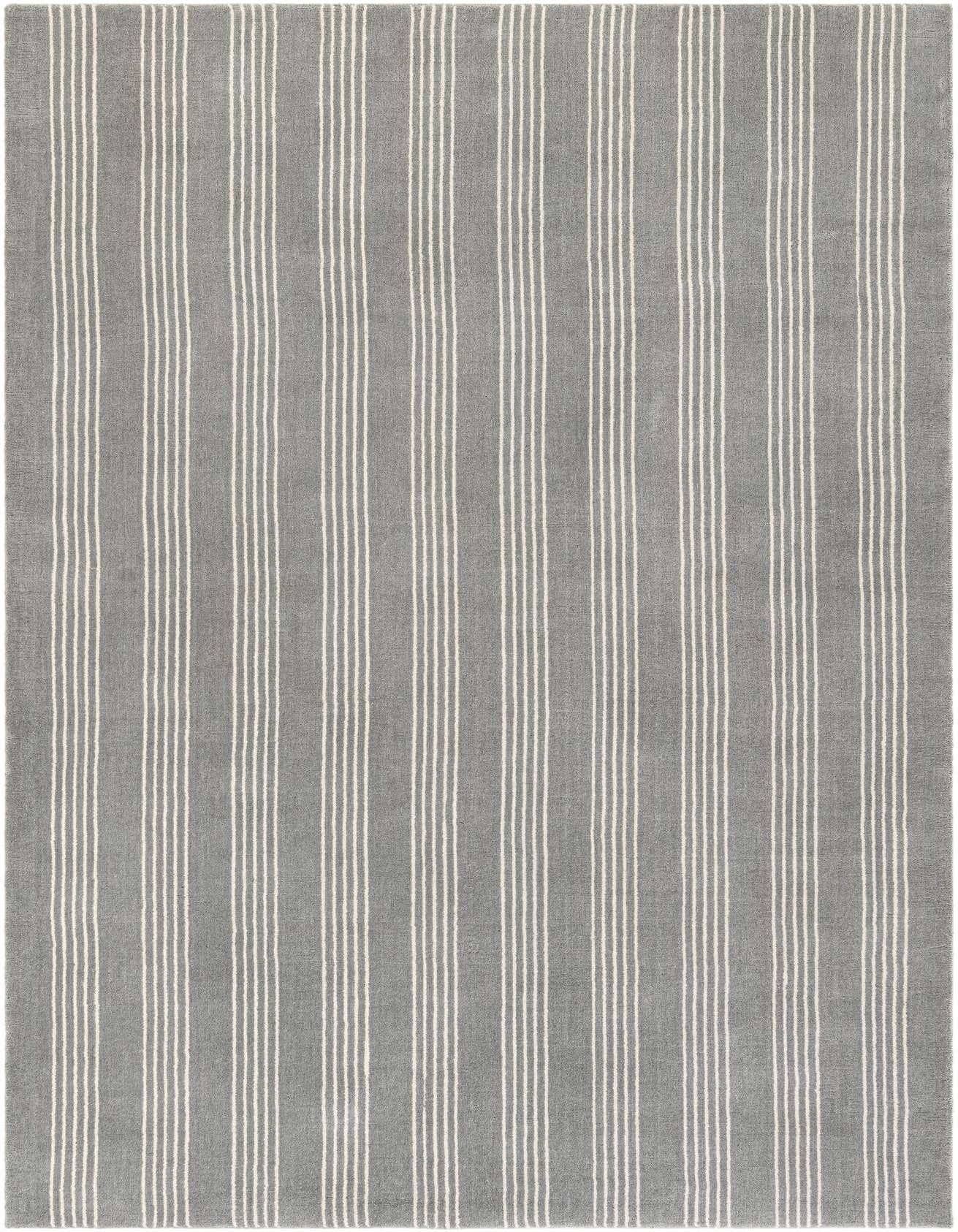 A 5x8 rectangular gray area rug with a modern vertical stripe pattern, made from wool and cotton.