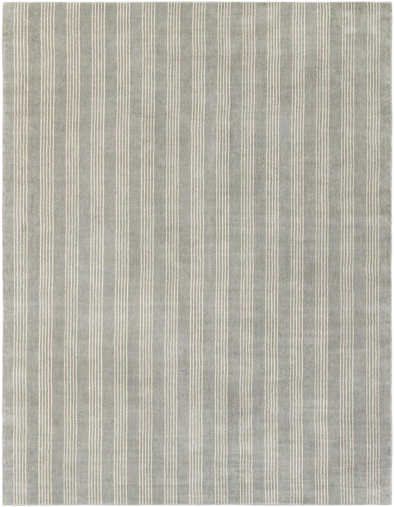 A rectangular 8x10 gray wool area rug featuring a modern striped pattern with thin white vertical lines.