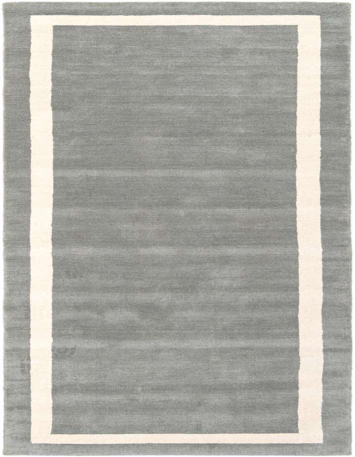 A 10 ft runner rug in a modern solid gray with a thick cream border, perfect for a hallway.