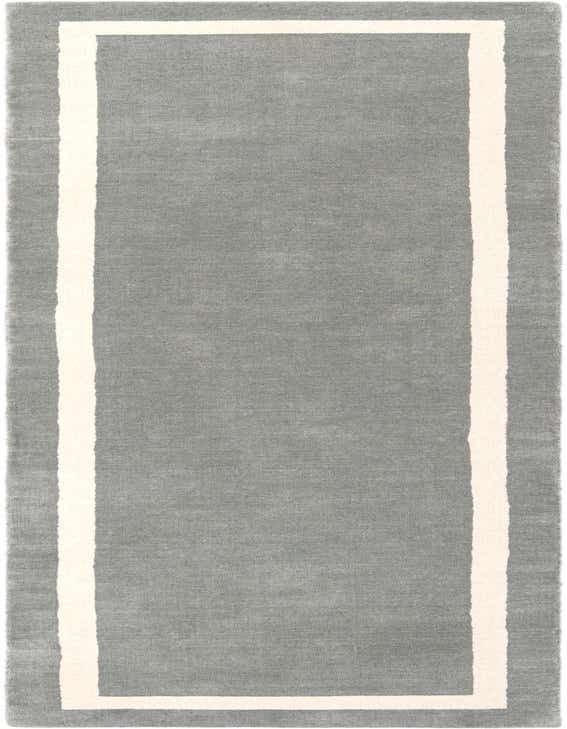A 12 ft gray runner rug with a cream border, handmade from wool and cotton, perfect for a hallway.