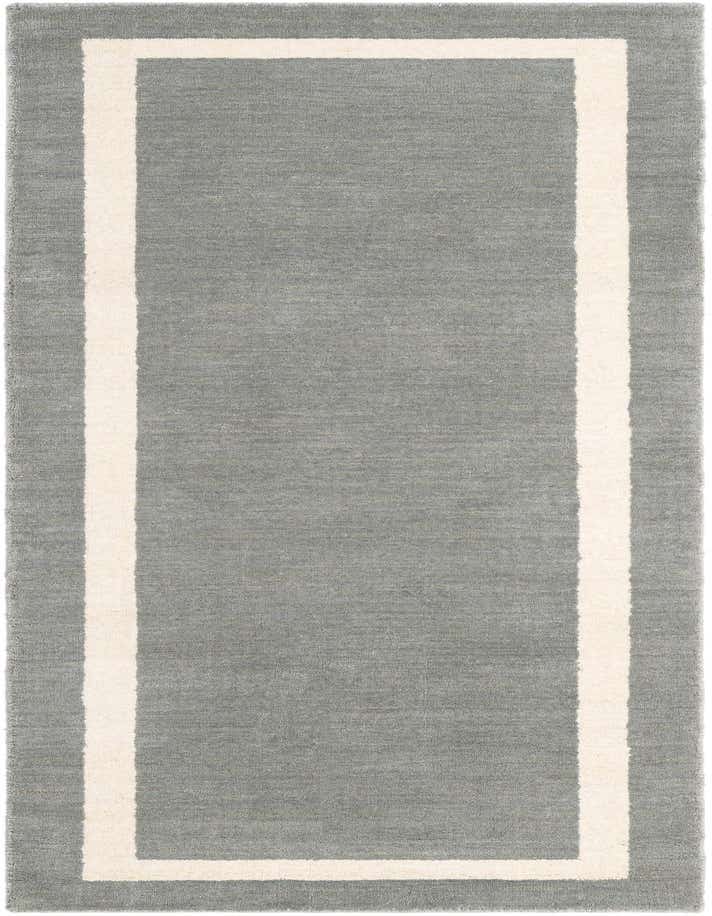 A 6 ft runner rug with a gray field and a thick, off-white border, perfect for a hallway.