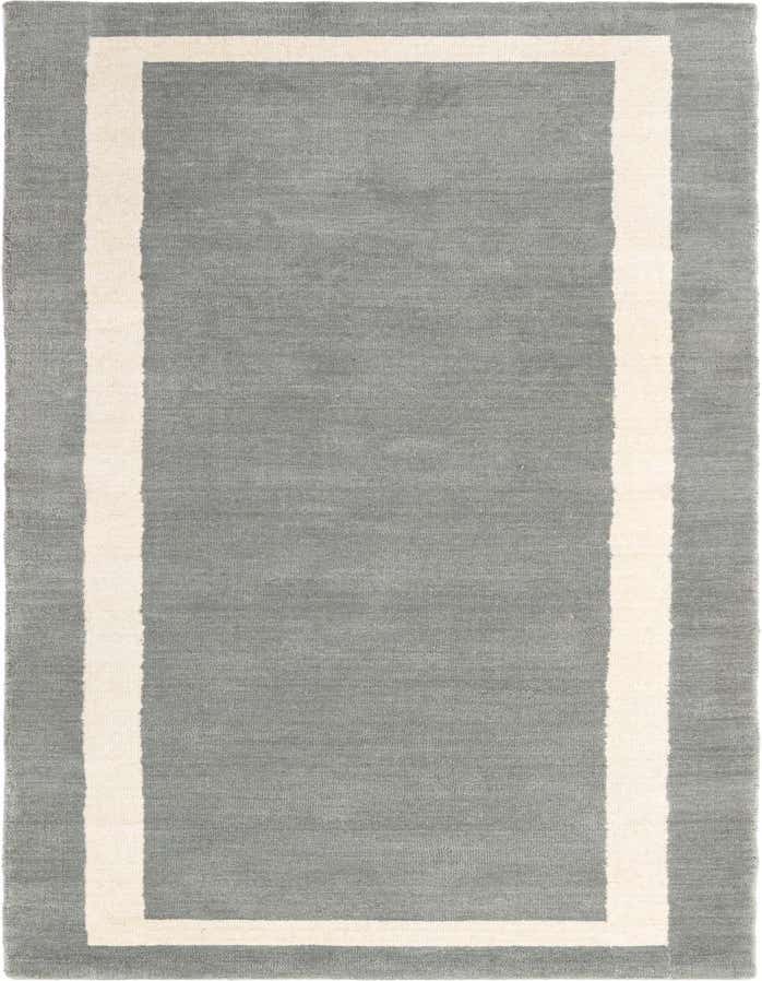 A gray 8 ft runner rug with a cream border, handmade from wool and cotton, perfect for a hallway.