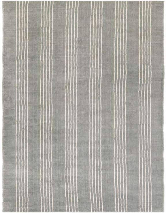 A 12 ft gray runner rug with thin white vertical stripes, handmade from wool and cotton, perfect for a hallway.