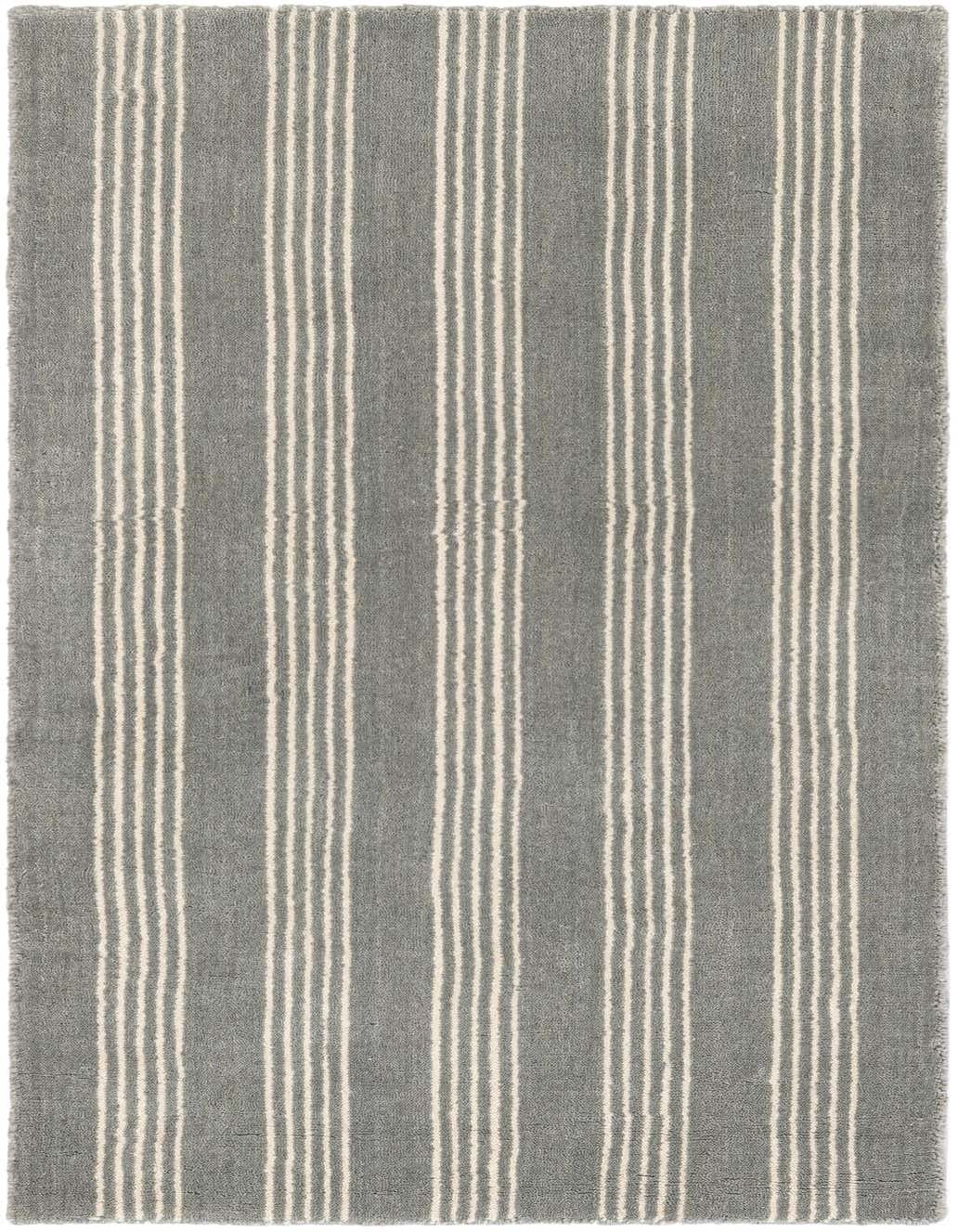 A 4 ft gray runner rug with off-white vertical stripes, made of wool and cotton, perfect for a hallway.