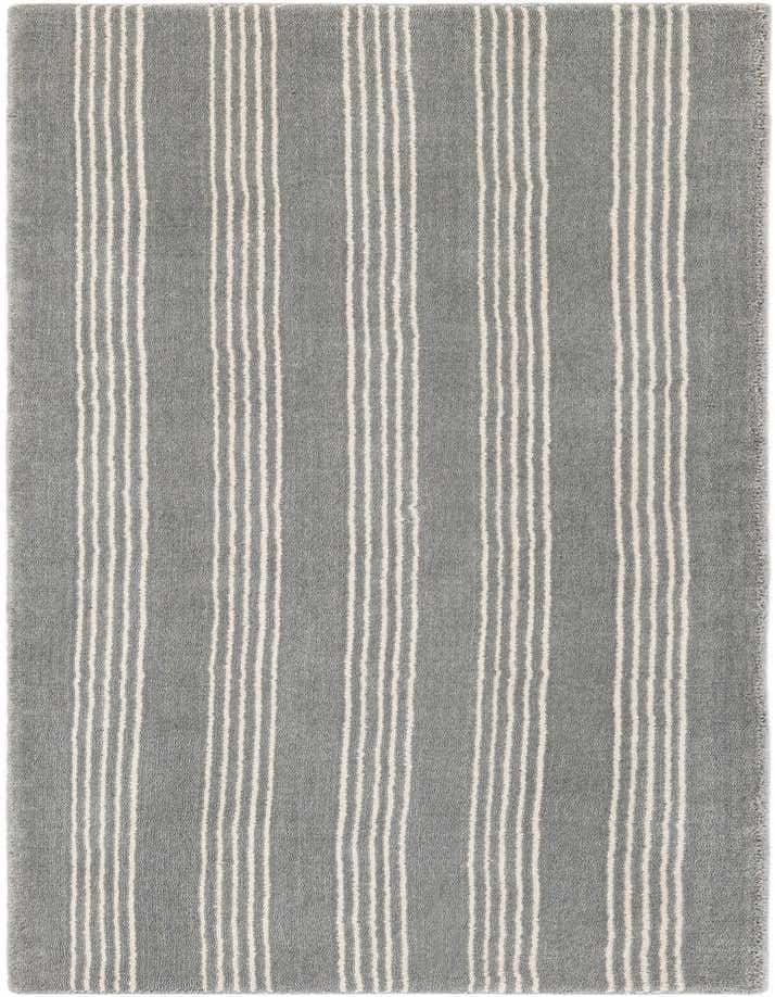 A 6 ft runner rug with a modern gray background and vertical white stripes, ideal for a hallway.