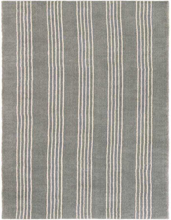 A handmade 8 ft runner rug featuring a modern gray background with evenly spaced vertical white stripes, ideal for a hallway.