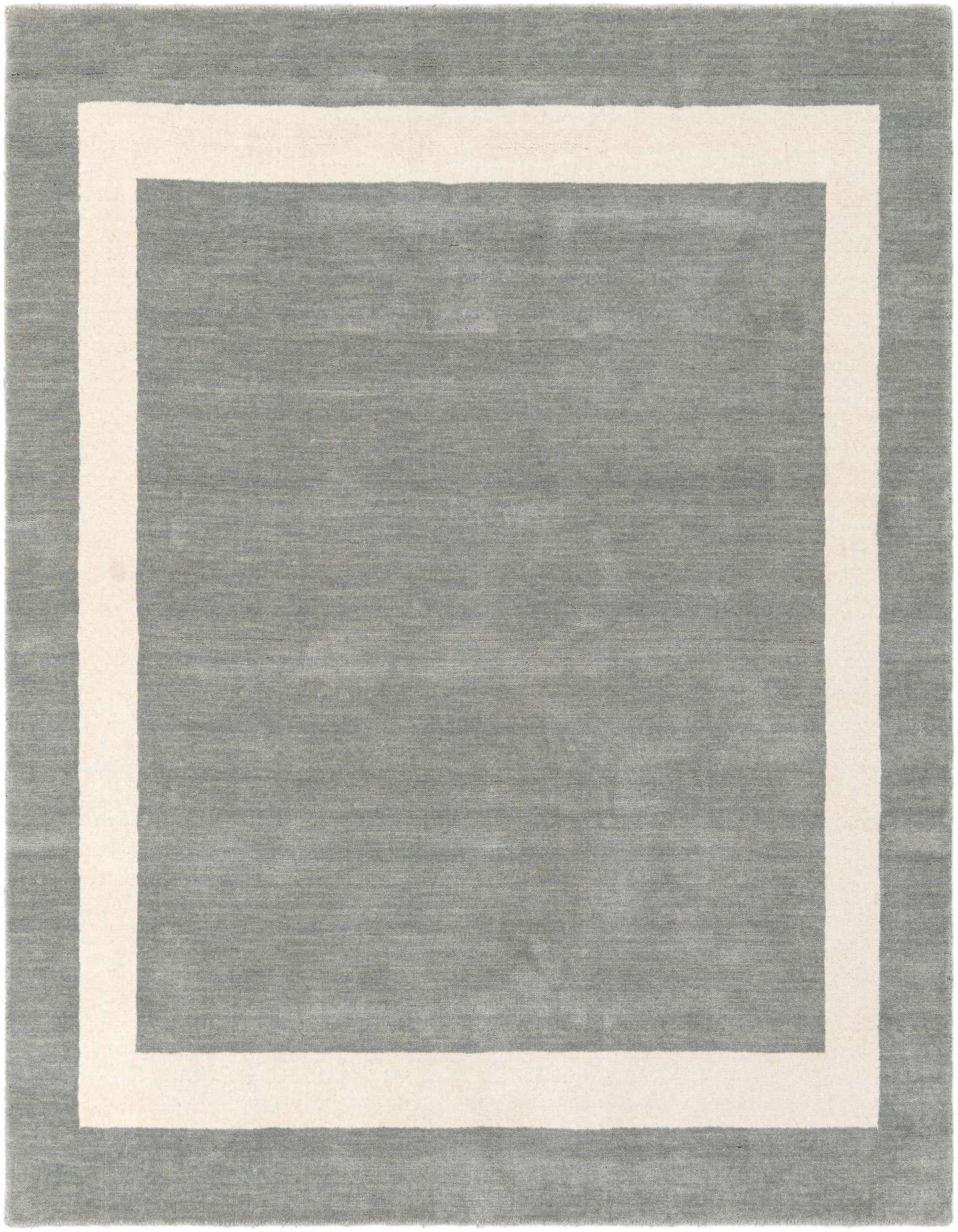 A 5' 1 x 5' 1 square gray modern wool rug with a clean, light cream border.