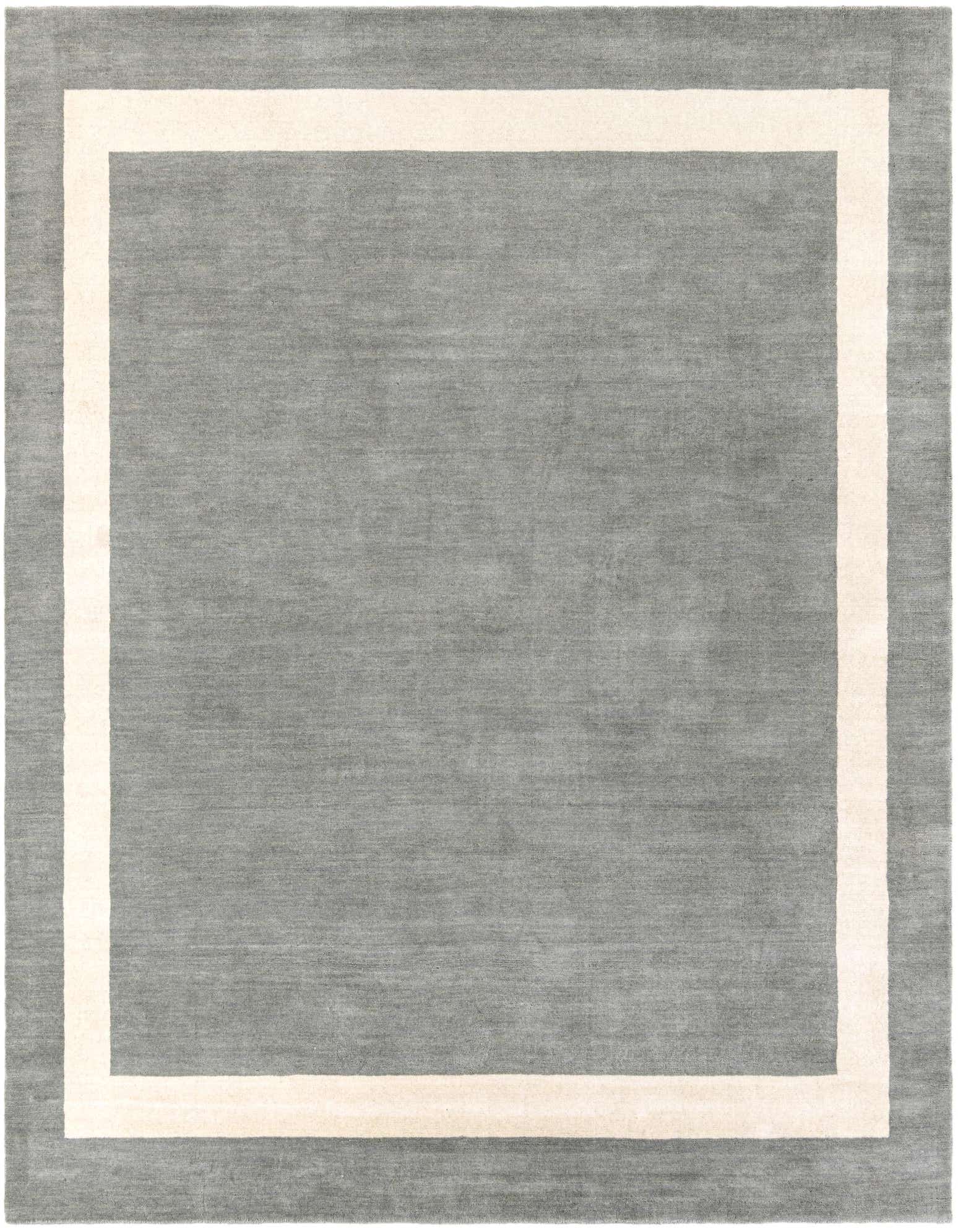 A square gray area rug with a wide, light beige border, showcasing a modern and minimalist design.