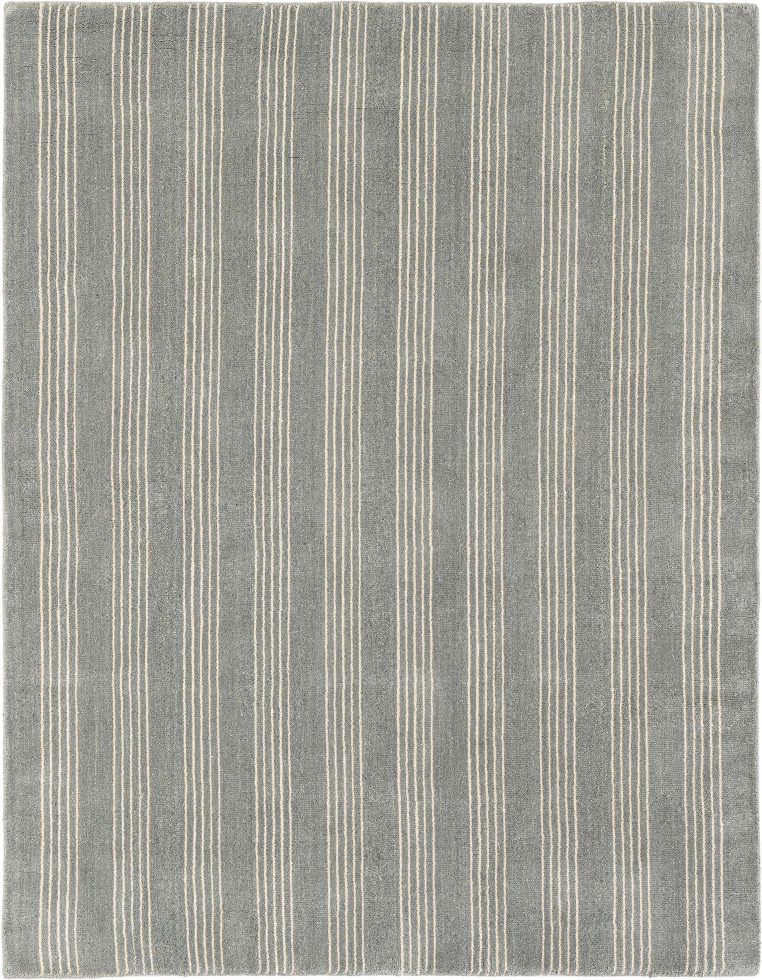 A 5' 1" x 5' 1" square gray wool rug with thin vertical cream stripes, suitable for indoor spaces.