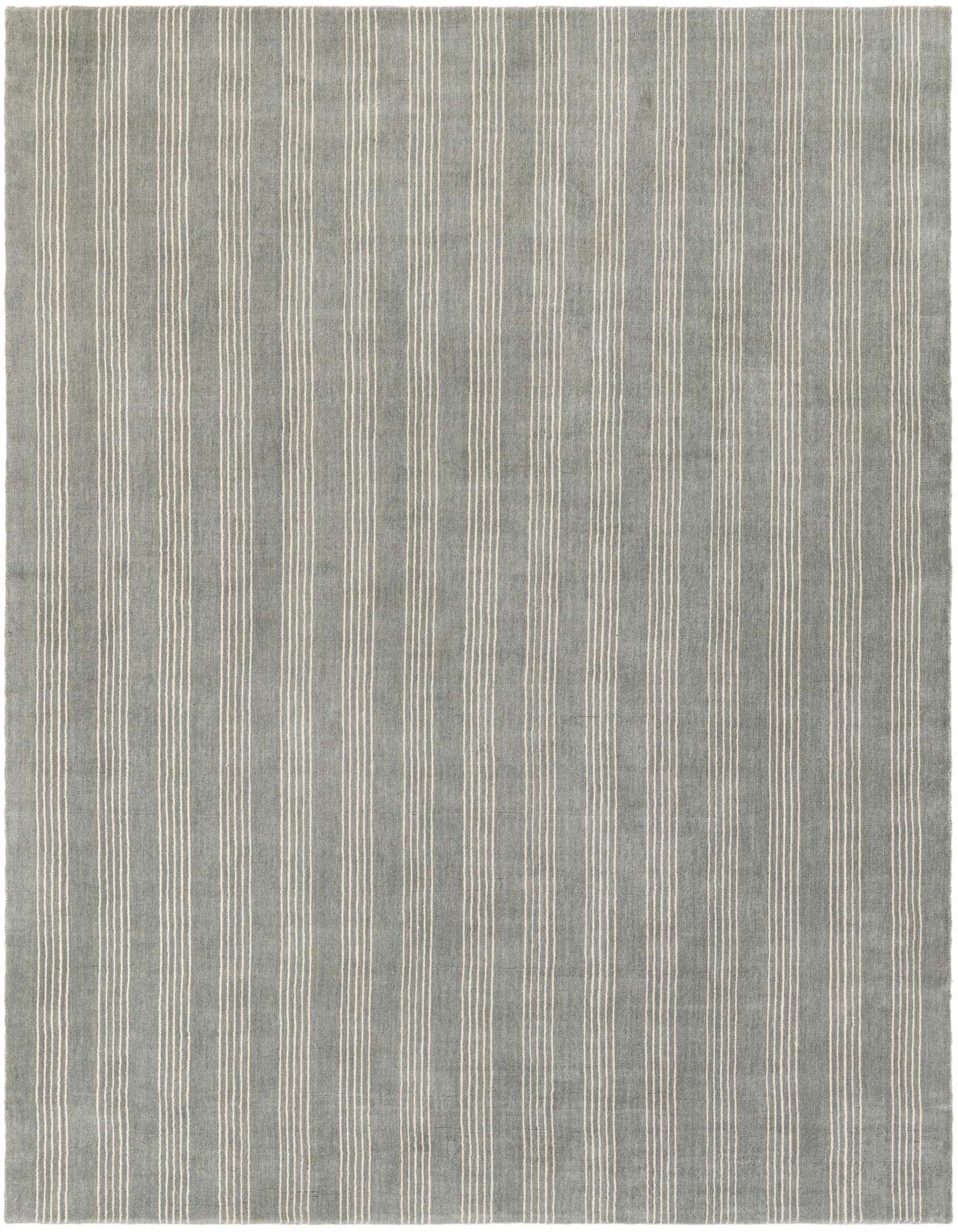 A square 7' 10 x 7' 10 gray area rug with thin vertical white stripes, showcasing its modern design and soft wool texture.