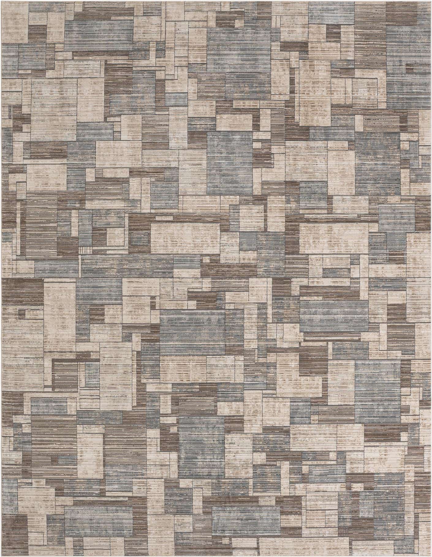 A 10x14 rectangular Rugs.com Silta rug featuring a modern abstract geometric pattern in shades of brown, tan, and off-white.