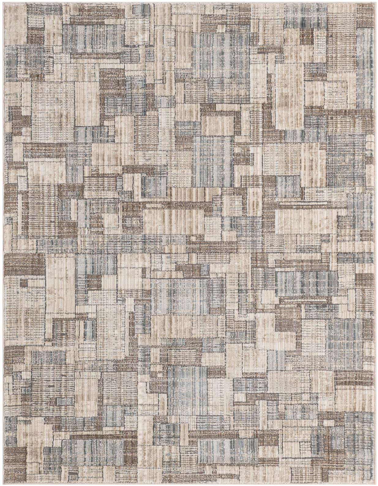 A 3x5 rectangular modern rug featuring an abstract geometric pattern in shades of brown, tan, and cream.