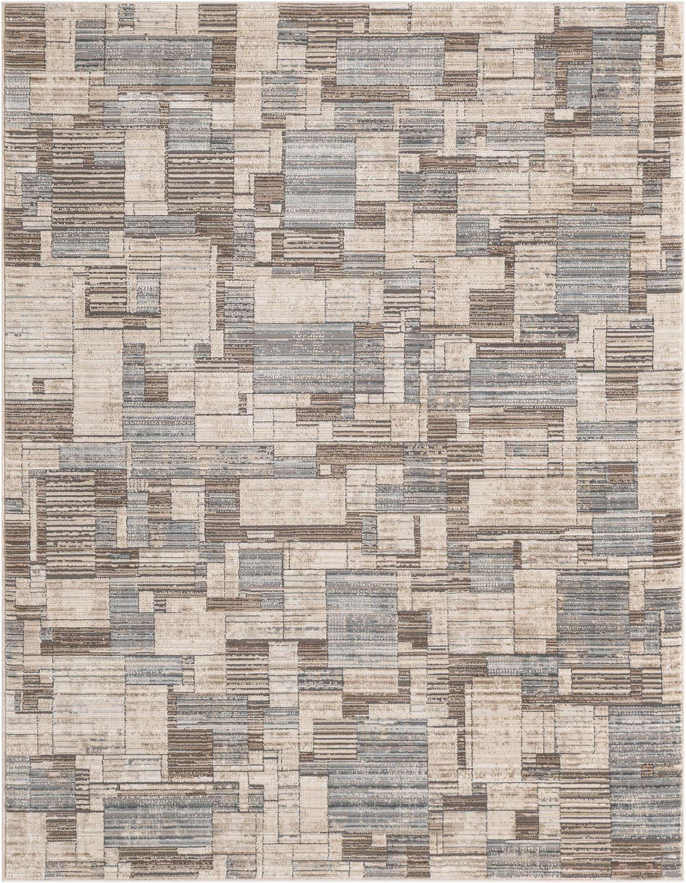A 4x6 rectangular indoor rug featuring an abstract geometric pattern in shades of brown, tan, and white.