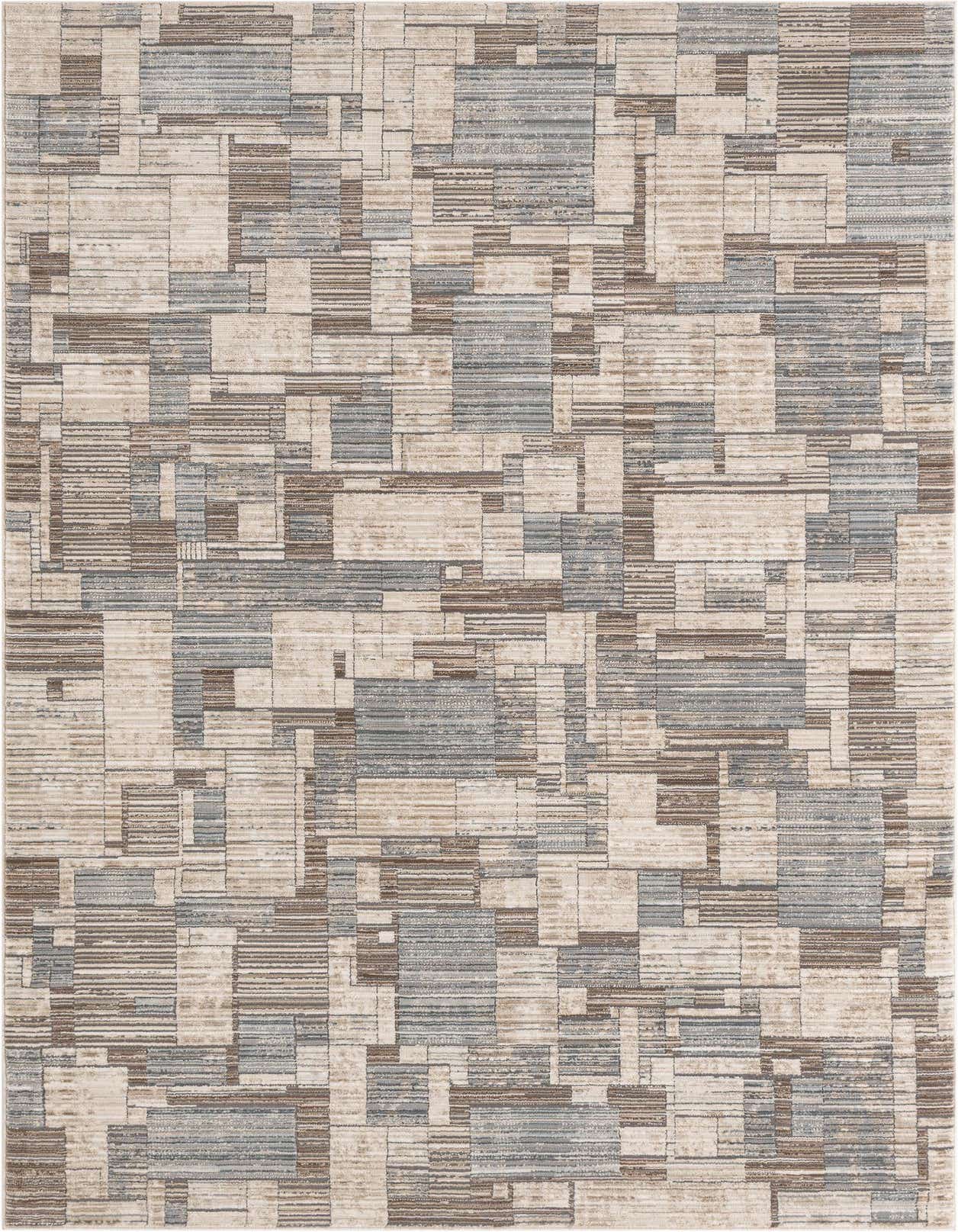 A 5x8 rectangular area rug featuring an abstract geometric pattern in shades of brown, tan, and white.